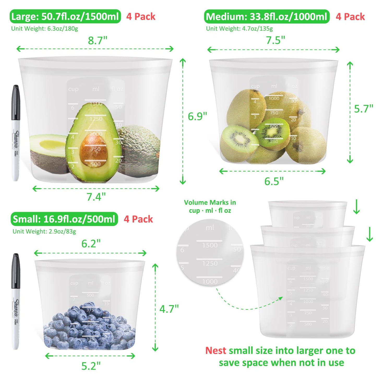 100% Platinum Silicone Reusable Storage Bags, 12 Pack, Premium Silicone Food Storage Bag Stand-Up Wide-Mouth Zip-Lock, Freezer Microwave Oven Dishwasher Safe, 4 M + 4 S + 4 XS, Crystal-Clear
