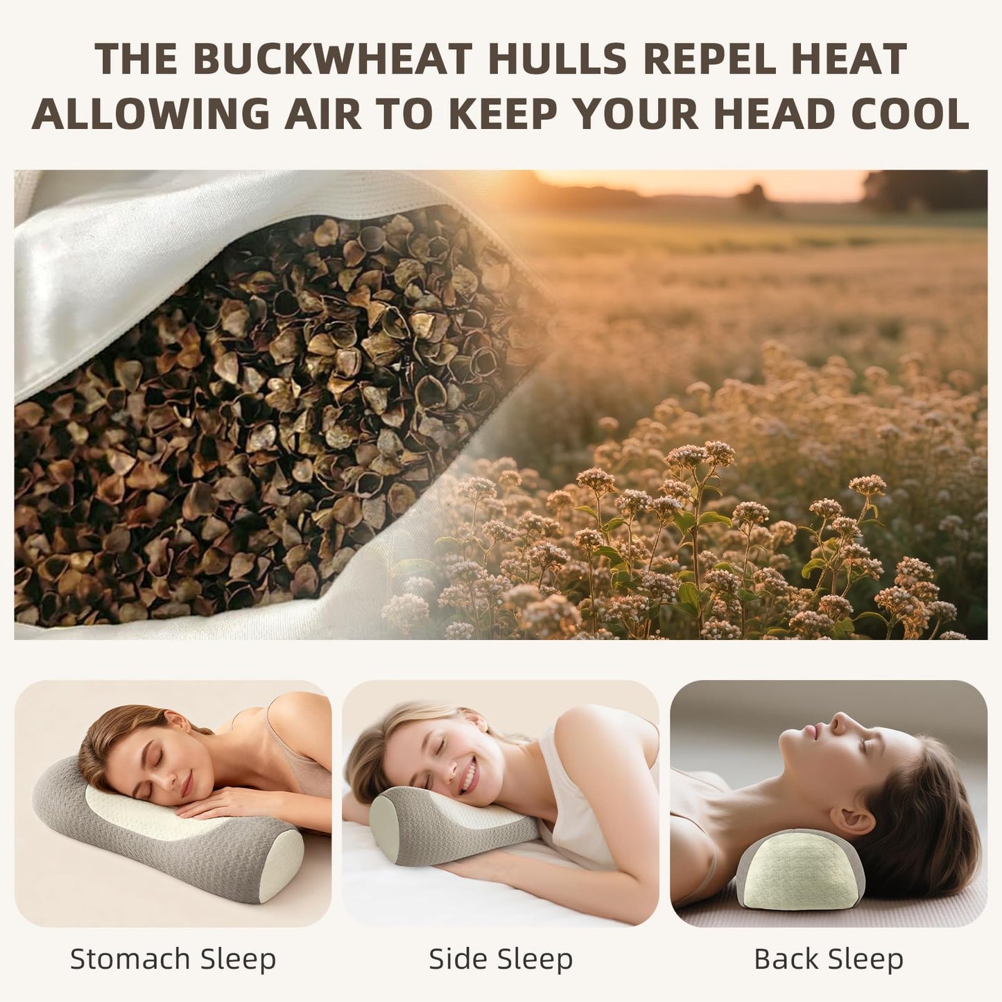 Qirelle Organic Buckwheat Cervical Neck Pillow, Adjustable Neck Roll for Sleeping, Ergonomic Neck Support Bolster for Side & Back Sleepers, Firm Support Pillow for Neck Pain Relief & Spine Alignment