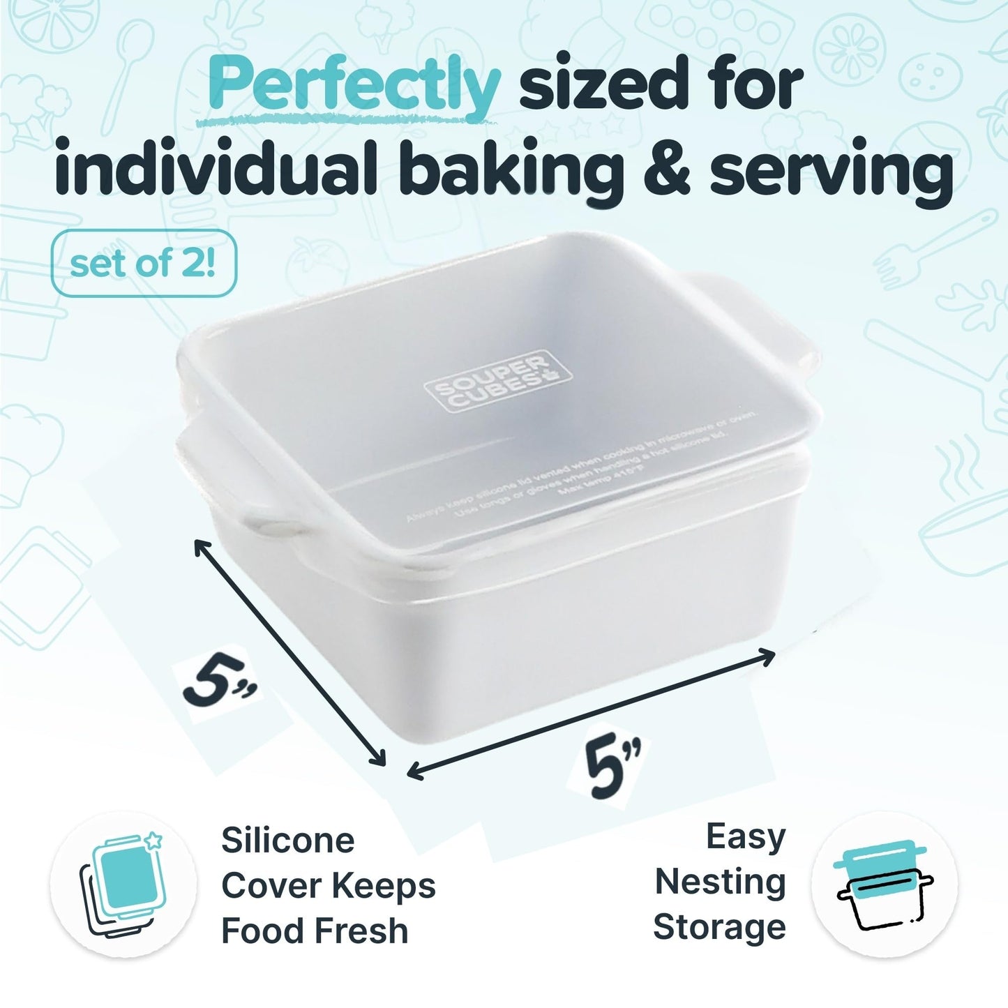 Souper Cubes Stoneware 2.0-5" x 5" Baking Dishes for Oven, Made in USA, Premium Mini Ceramic Baking Dishes with Silicone Covers for Individual Portions, Set of 2 - White