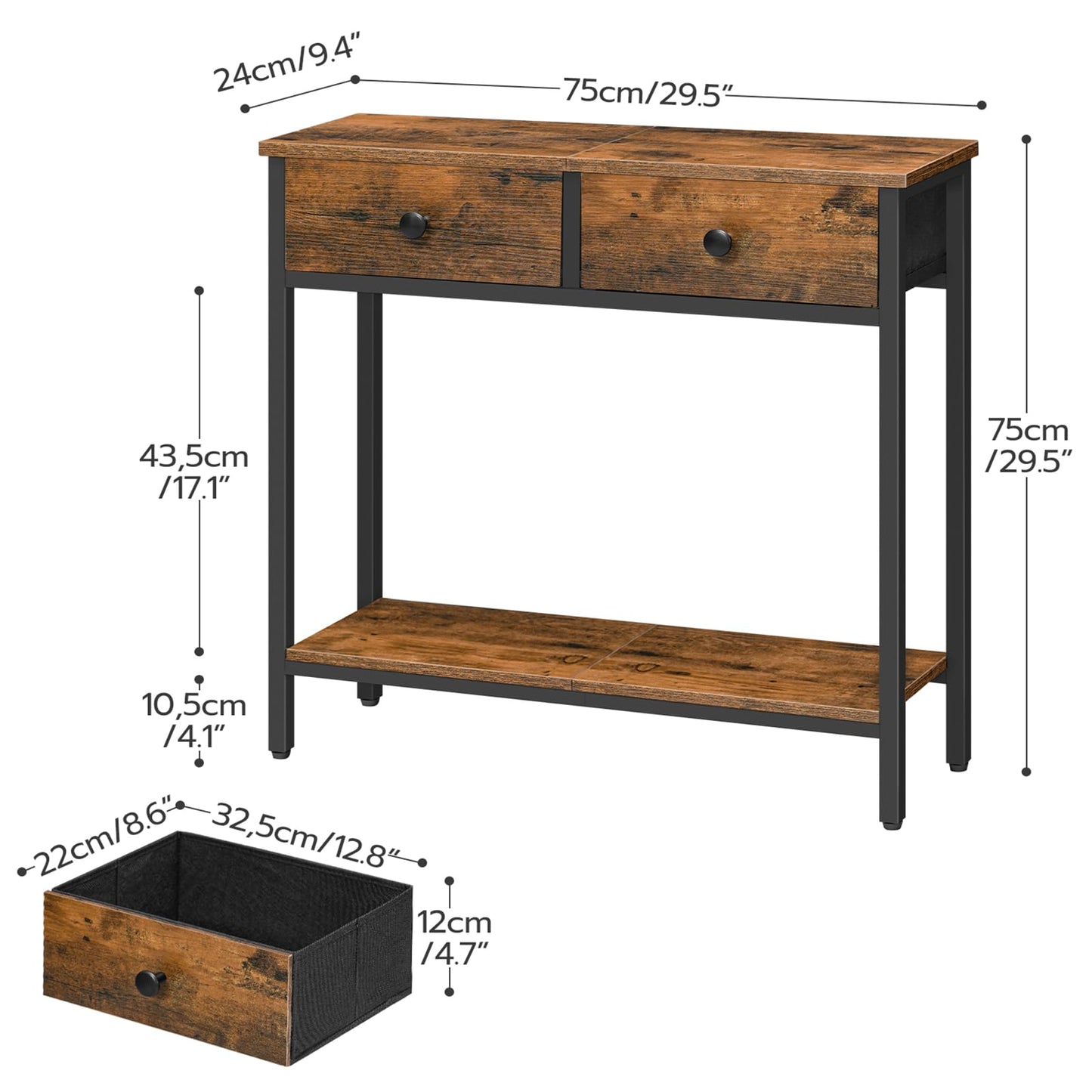 HOOBRO 29.5" Narrow Console Table with 2 Fabric Drawers, Small Entryway Table with 2-Tier Storage Shelves, Sofa Table, Behind Couch Table, for Living Room, Hallway, Rustic Brown and Black BF71XG01
