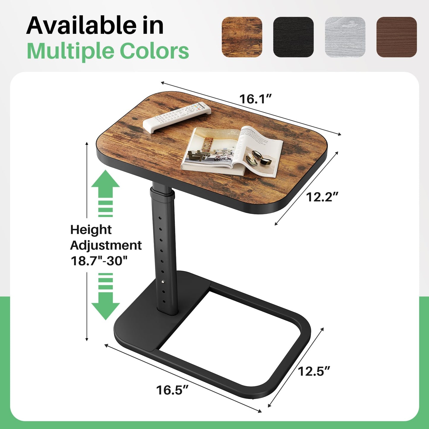 Kitstorack Adjustable Height C-Shaped End Table, 9-Level Side Table with Thickened Metal Rounded Edge, Couch Table Slides Under Sofa or Bed, Eating, Working, TV Tray Table for Small Spaces, Brown