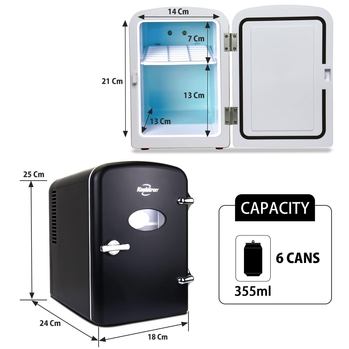 Koolatron Mini Fridge- Black Refrigerator 6 Can Portable Cooler for Bedroom Office Dorm Car Compact Fridge for Drinks Makeup Skincare Dual Power 12V 110V