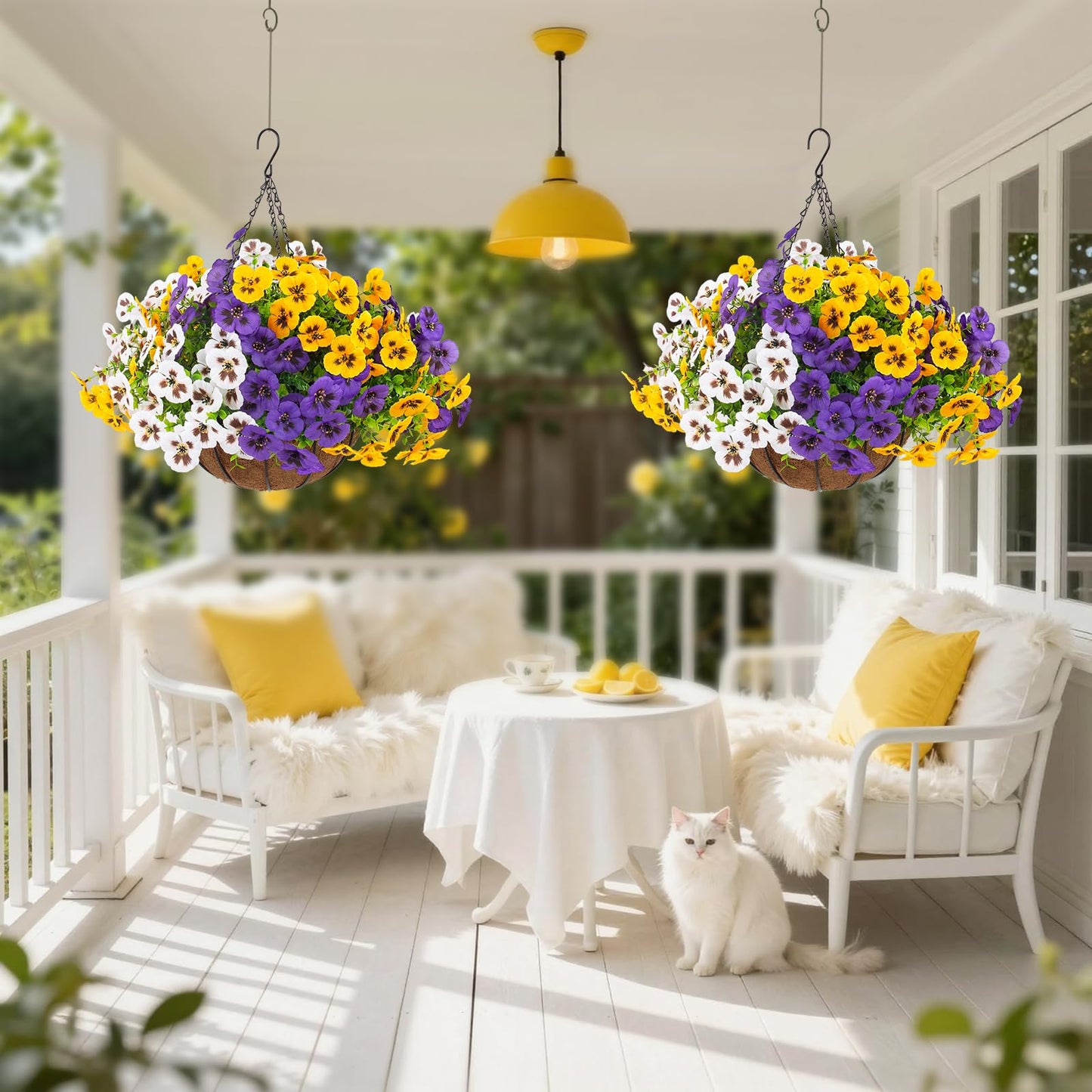lovemoon 2 Sets Artificial Hanging Pansy Flowers with Baskets, 24 Pcs UV Resistant Faux Silk Pansy Outdoor Hanging Flower for Porch Patio Garden Home Spring Decor (2, White,Yellow,Purple)