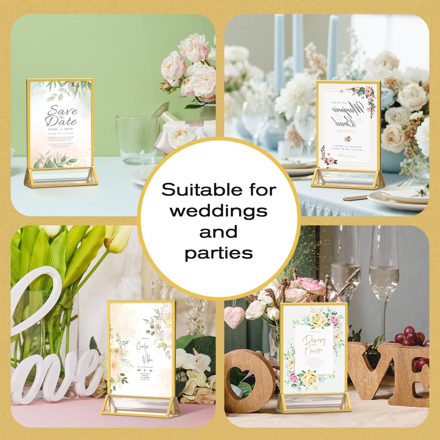 MaxGear 5x7 Gold Acrylic Sign Holder 12 Pack, Gold Table Number Holders, Mini Frames Double Sided Acrylic Picture Frames Photo Stand, Clear Menu Flyer Stand for Wedding, Home, Restaurant