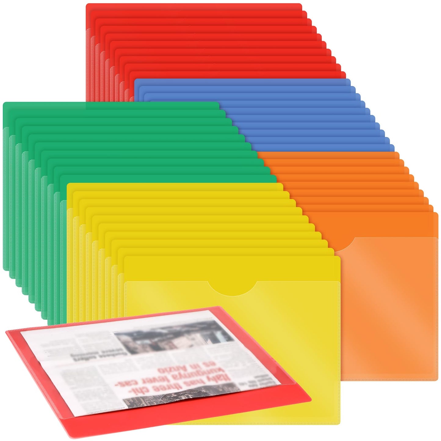 Kisston 50 Pack Heavy Duty Vinyl Plastic Folders with Clear Front Pocket File Jackets, Three Sided Closed, Letter Size Plastic Folders for Documents, 11.75 x 9.25 Inch (5 Colors)