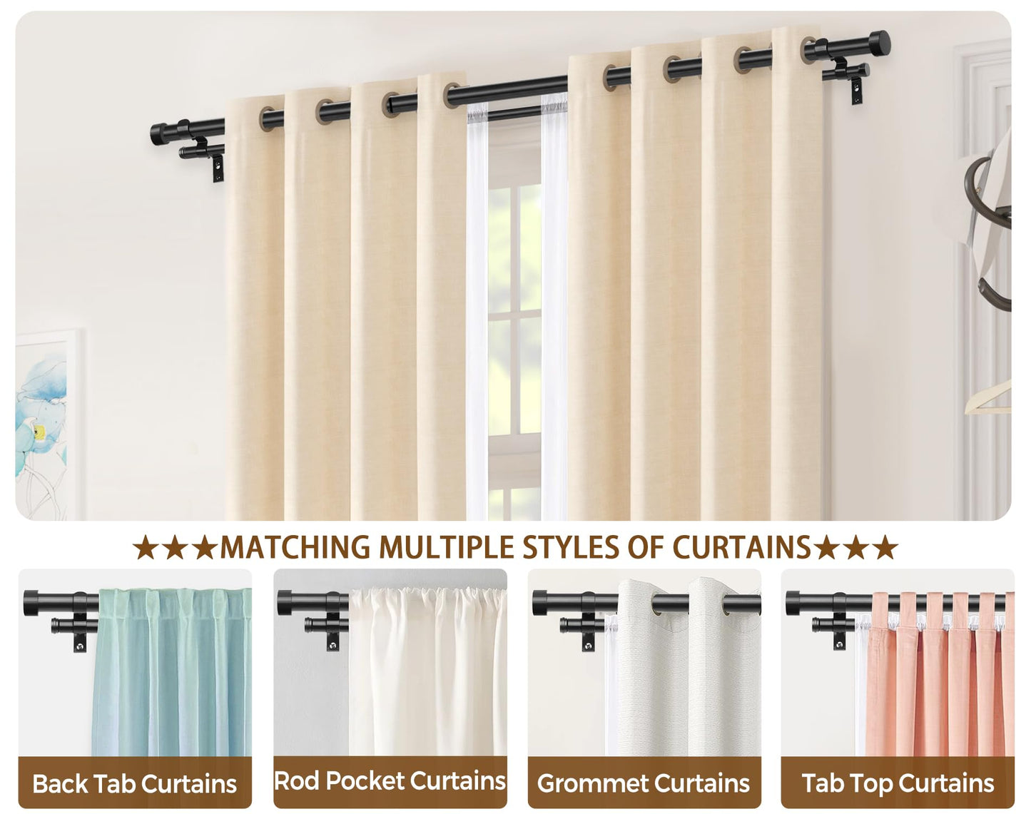 KAMANINA 1 Inch Double Curtain Rods 66 to 120 Inches (5.5-10 Feet), Heavy Duty Adjustable Double Curtain Rod for Windows, Black Drapery Rods with End Caps