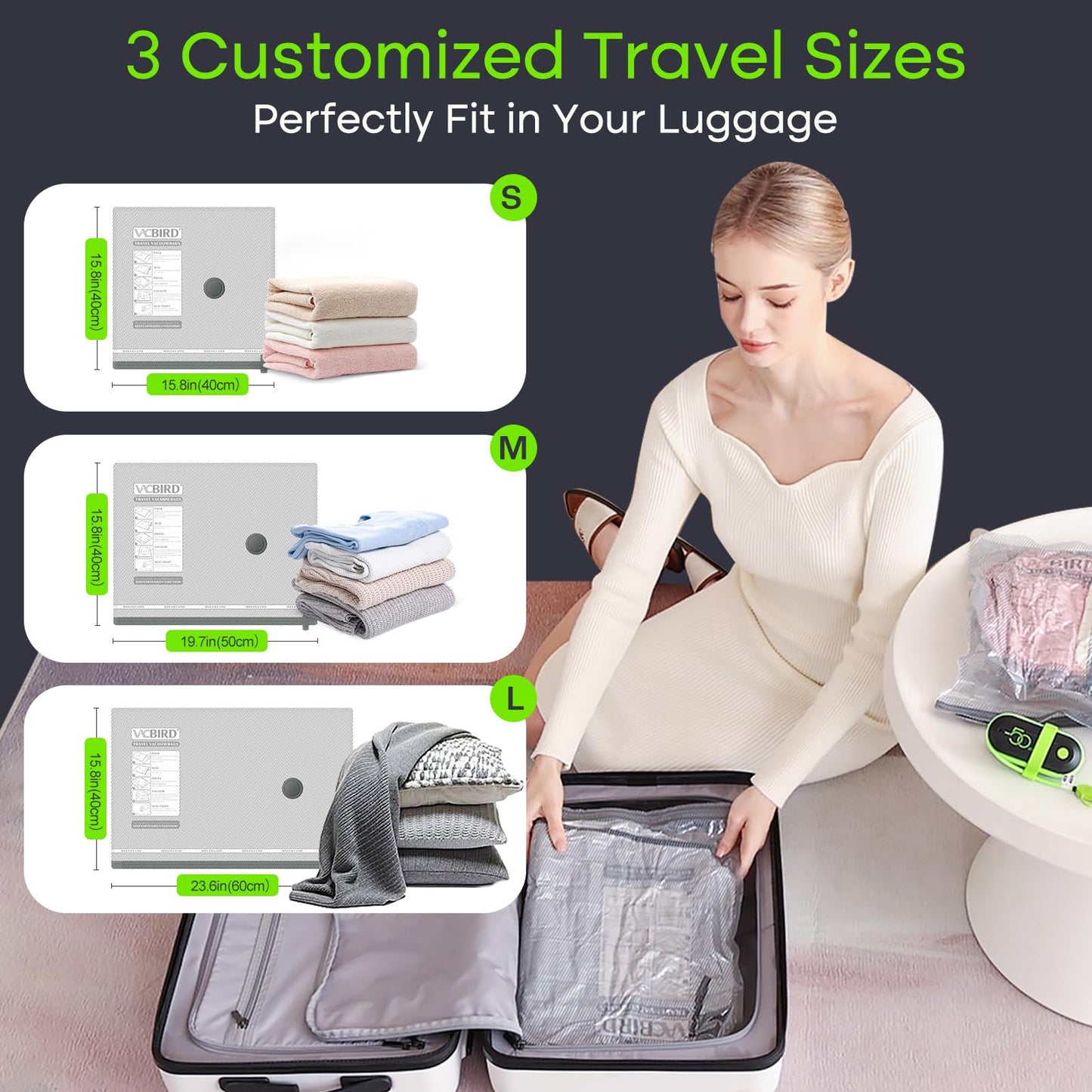 Vacbird Vacuum Bags for Travel with USB Pump, 18 Pack Compression Travel Vacuum Bags for Luggage and Suitcase, Carry-on Size Space Saver Bags for Clothes and Clothing