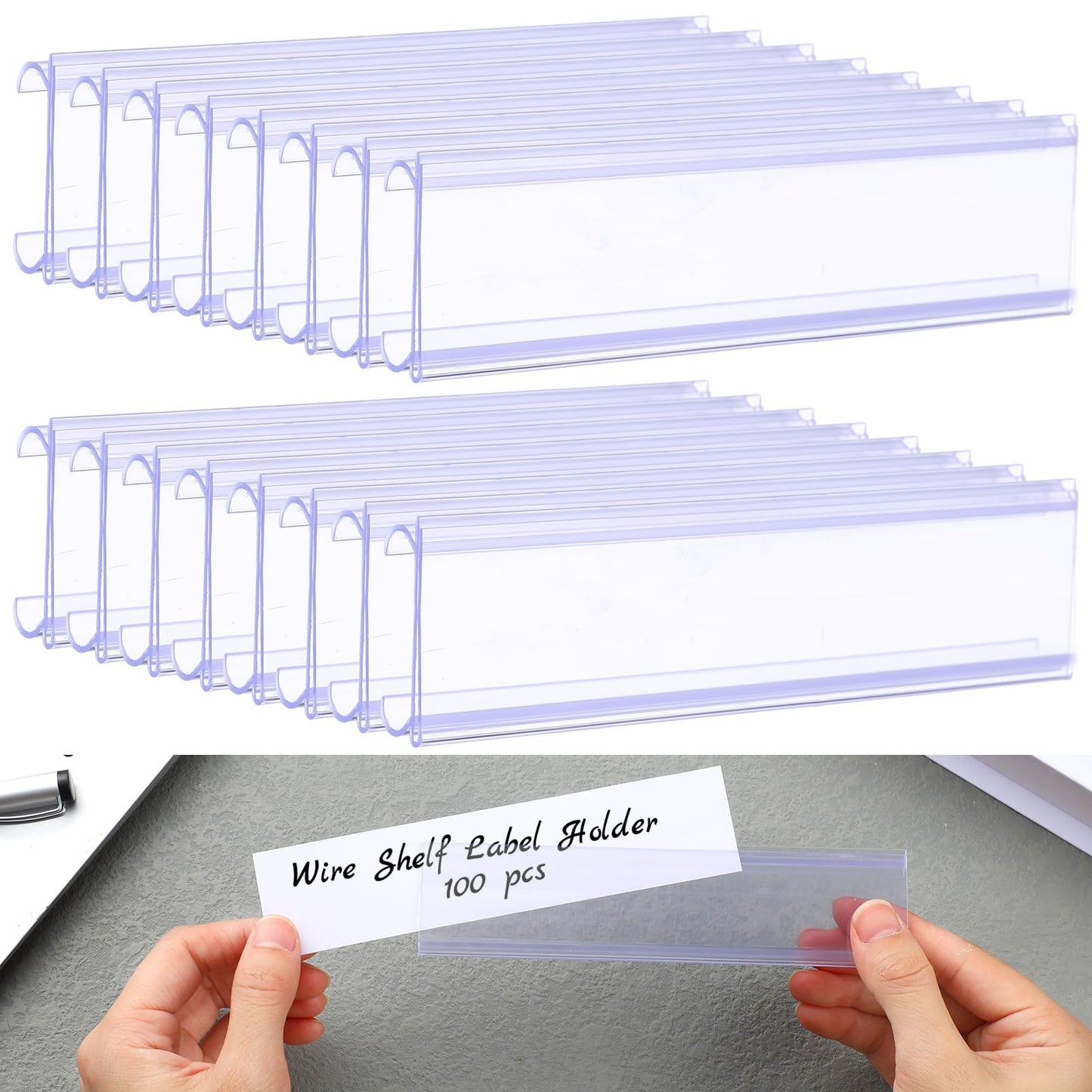 Kathfly 100 Pcs Wire Shelf Label Holder 6"x1.25" Extended Clear Rack Ticket Label Holder with Paper Insert Area Plastic Basket Clips on Compatible with 1-1/4 Inch Shelf Tags Thick
