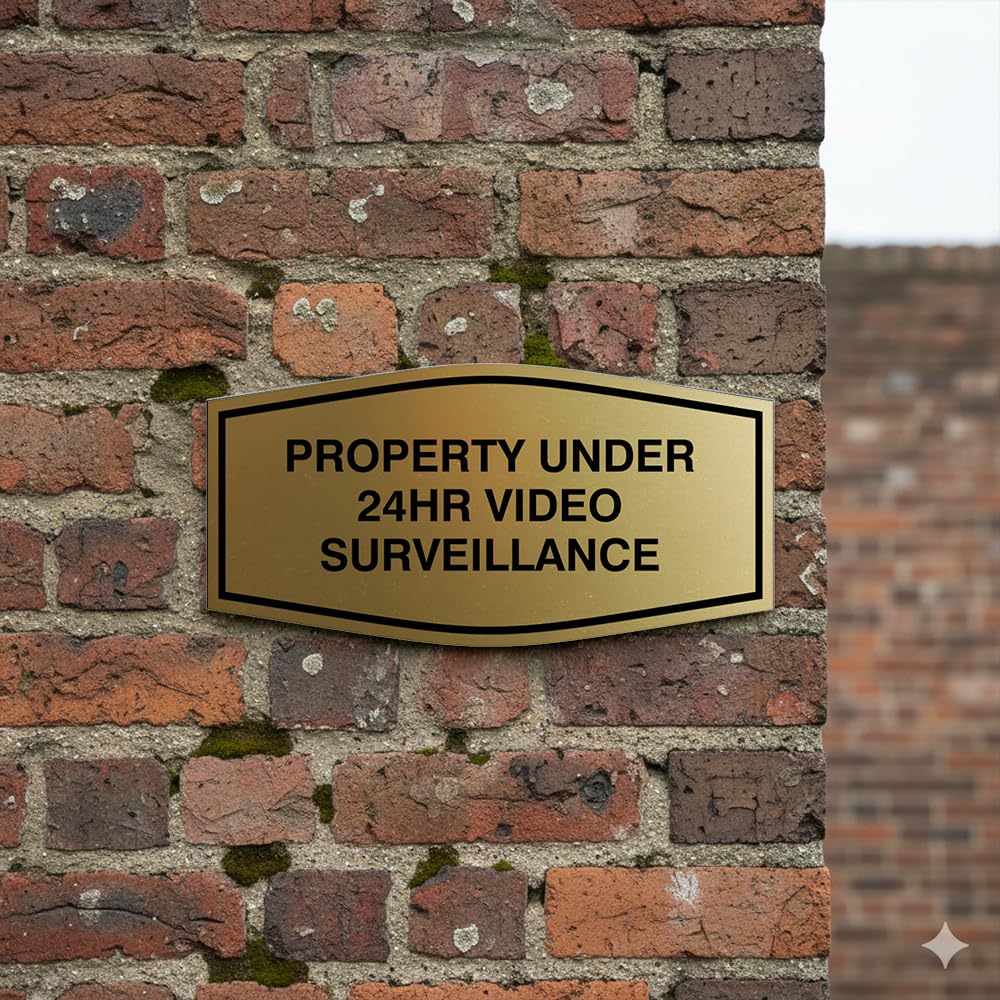 All Quality Fancy Property Under 24Hr Video Surveillance Sign | Property Security Sign with Easy Installation | 24/7 Security Monitoring (Black/Gold) - Small 5 Pack