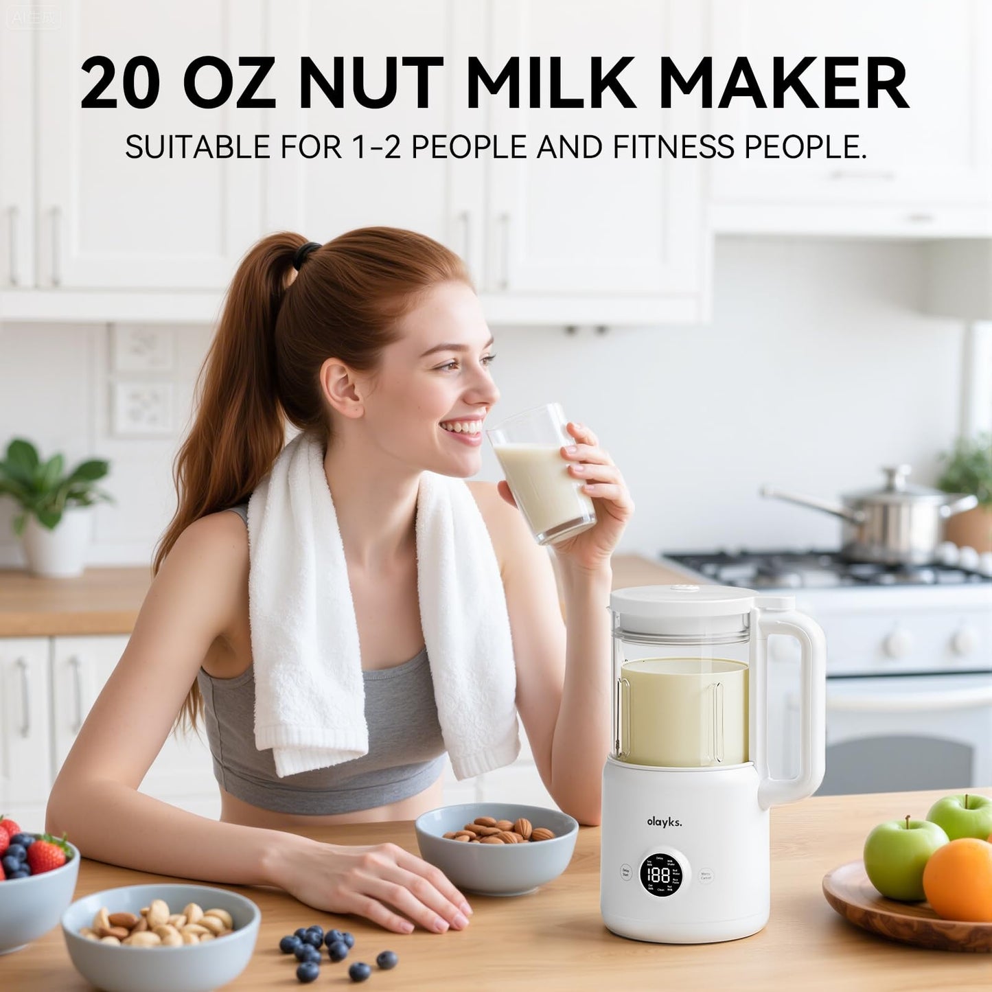 Olayks Nut Milk Maker Machine, 8 in 1 Automatic Soy Milk Maker with 12 Blades, Self-Cleaning, 18 Hours Delay Start for Homemade Oat, Almond Milk, Plant Based Milk, Boil Water, 20Oz