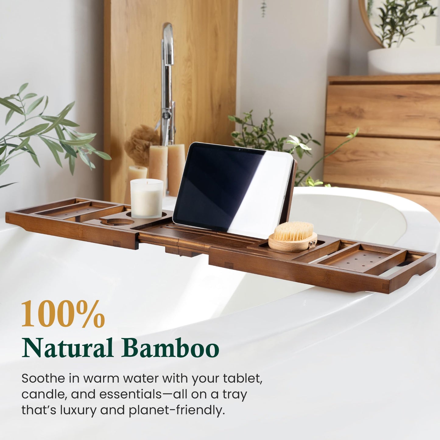 Realgulf Bamboo Bathtub Tray, Bath Caddy with Wine Glass Holder, Phone Dock & Book Stand | Hands-Free Reading & Ultimate Spa Relaxation Experience-Brown