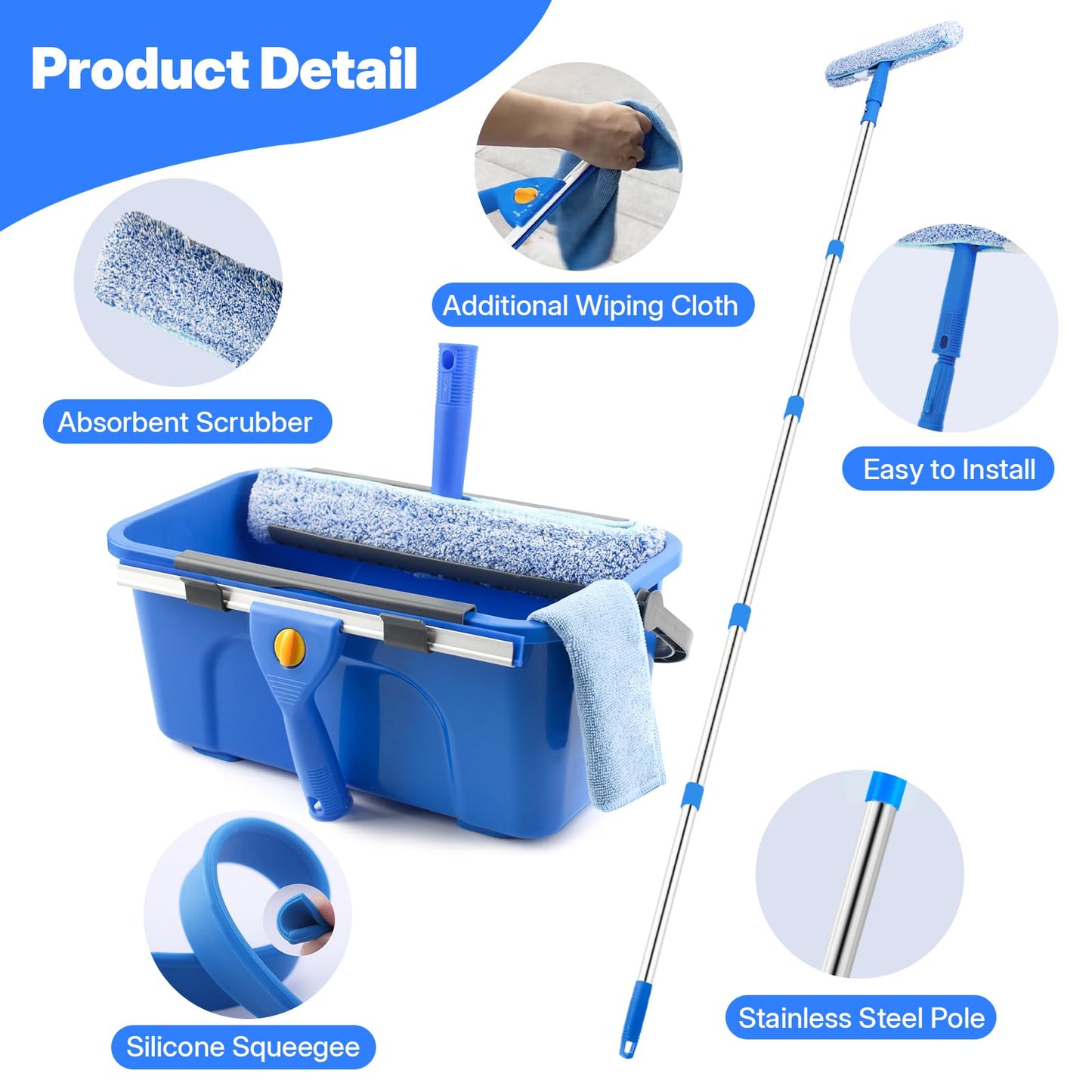 Professional Window Cleaning Kit with Bucket 3 Gallon, 76" Long Handle Window Squeegee and Microfiber Scrubber, High Windows Washing Equipment, Window Cleaner Tool for Commercial, Home, Outdoor, Car
