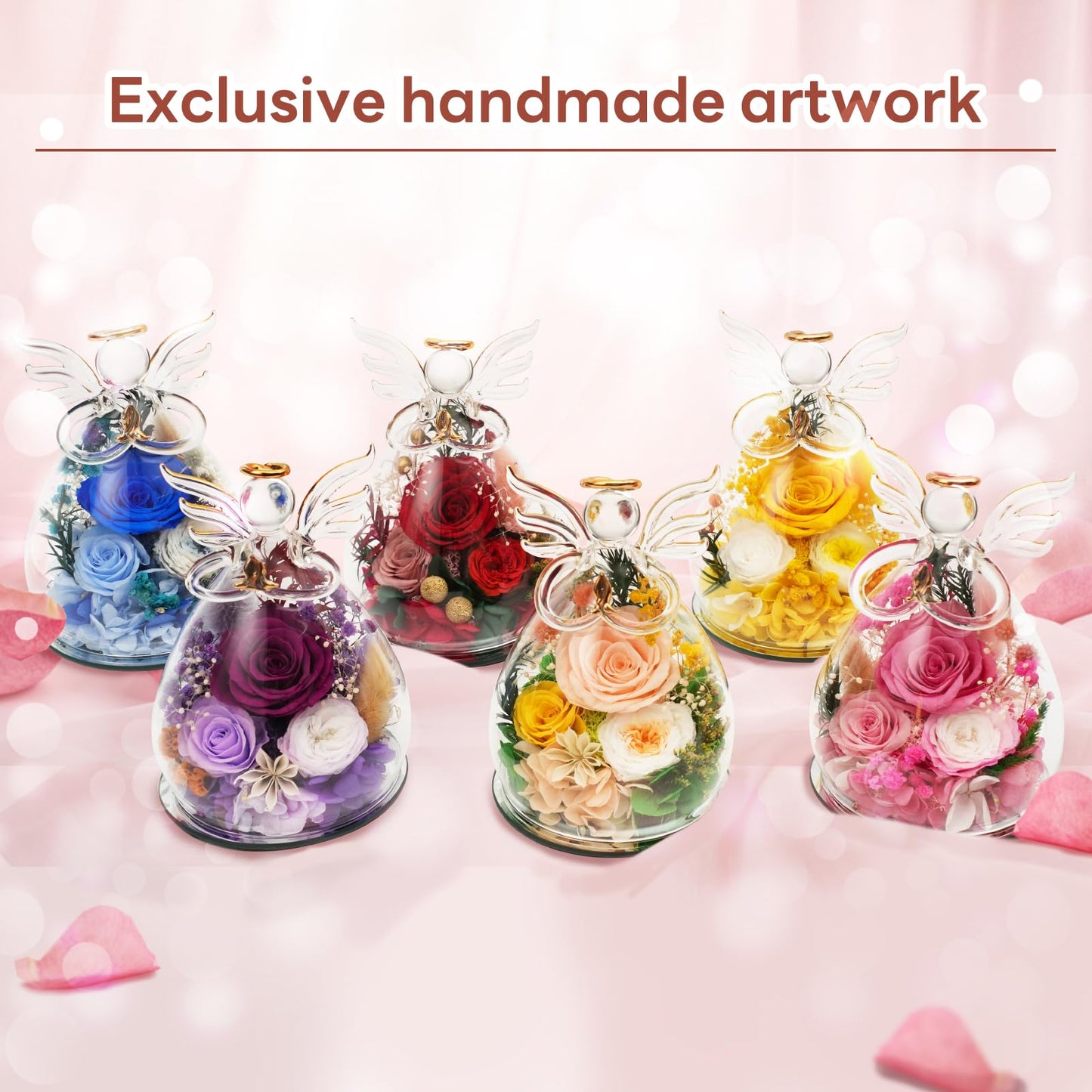 Kemiputi Gifts for Mom Birthday Gifts for Women, Preserved Rose in Glass Angel Figurines, Forever Flowers for Delivery, Anniversary Real Rose Gift for Grandma Wife Her from Daughter