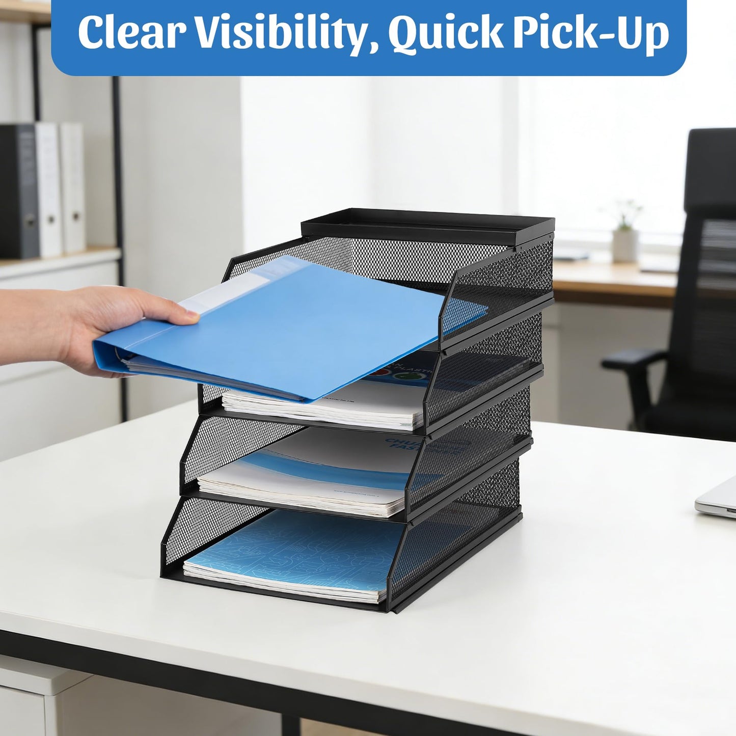 AZFUNN 4 Tier Paper Organizer for Desk, Stackable File Trays, Front-Load Metal Mesh Letter Tray & Stacking Supports Storage Organization for Office Home Classroom (Black)