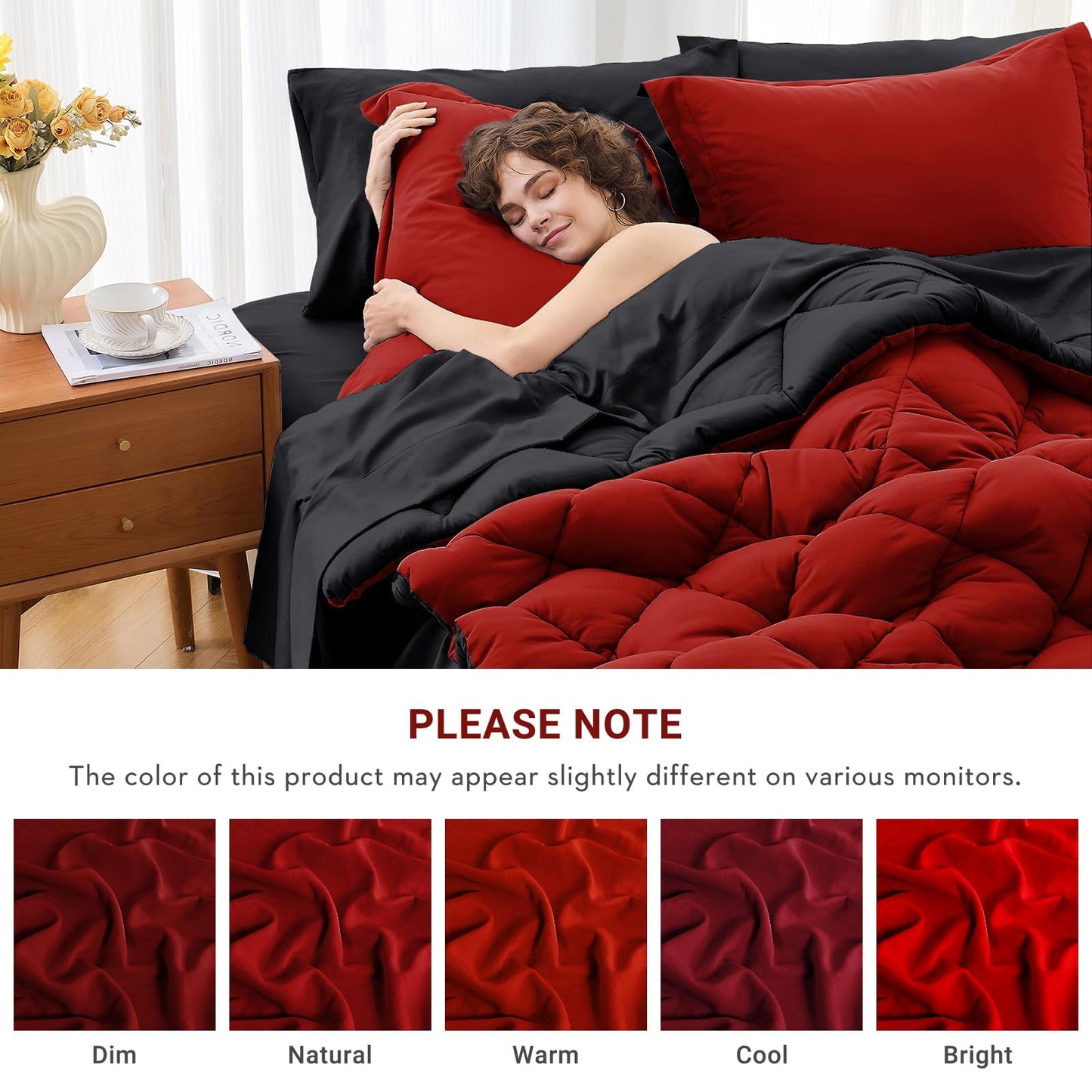 MUXHOMO 7 Pieces Full Comforter Set, Reversible Bed in a Bag Full Size, All Season Bedding Set with Comforter, Flat Sheet, Fitted Sheet, Pillowcases & Shams, Red & Black