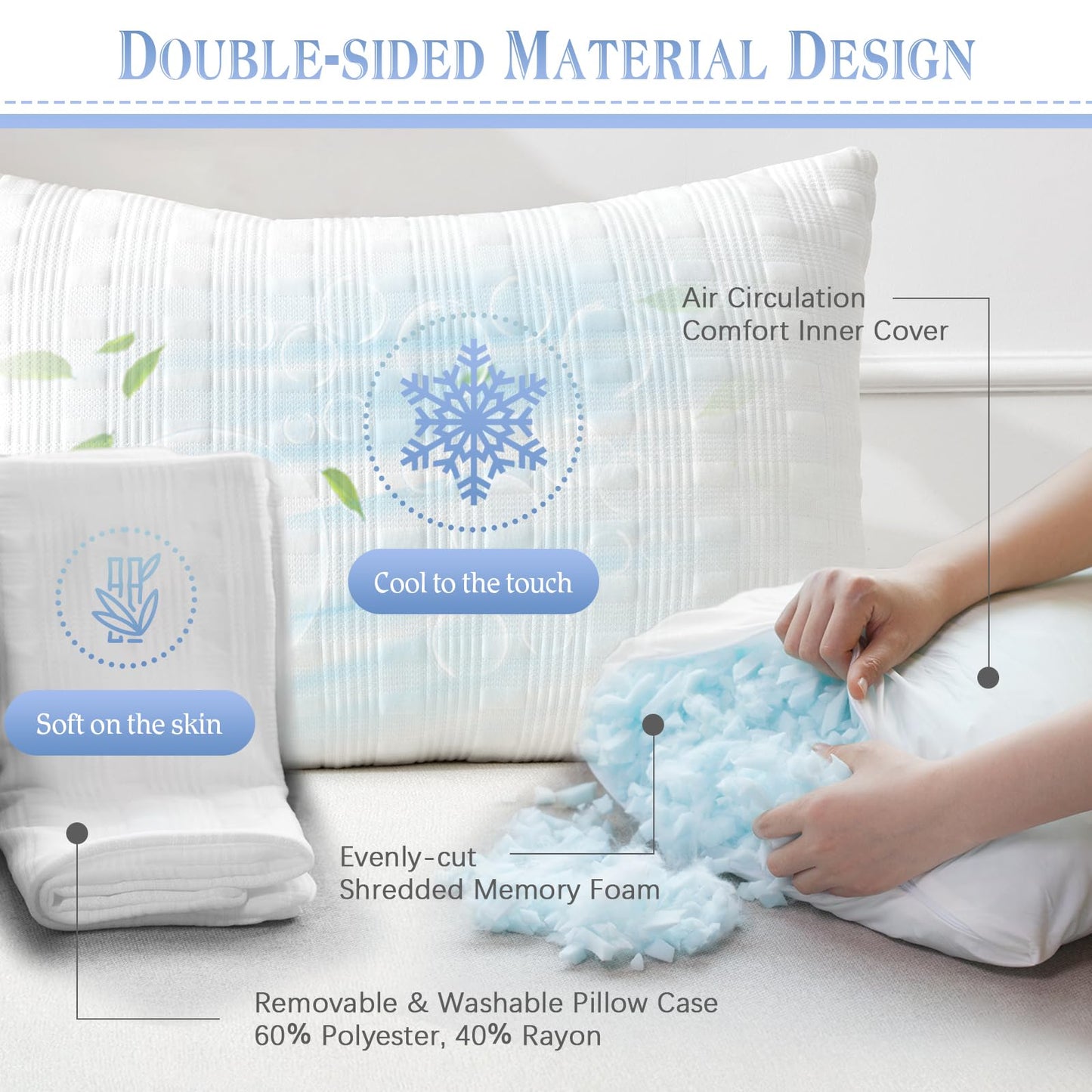 Meoflaw Cooling Pillows for Sleeping King Size Set of 2,Shredded Memory Foam Bed Pillow with Pillow Case-Double Sided Material,Adjustable Loft King Pillow for Side & Back Sleeper-Medium Firm