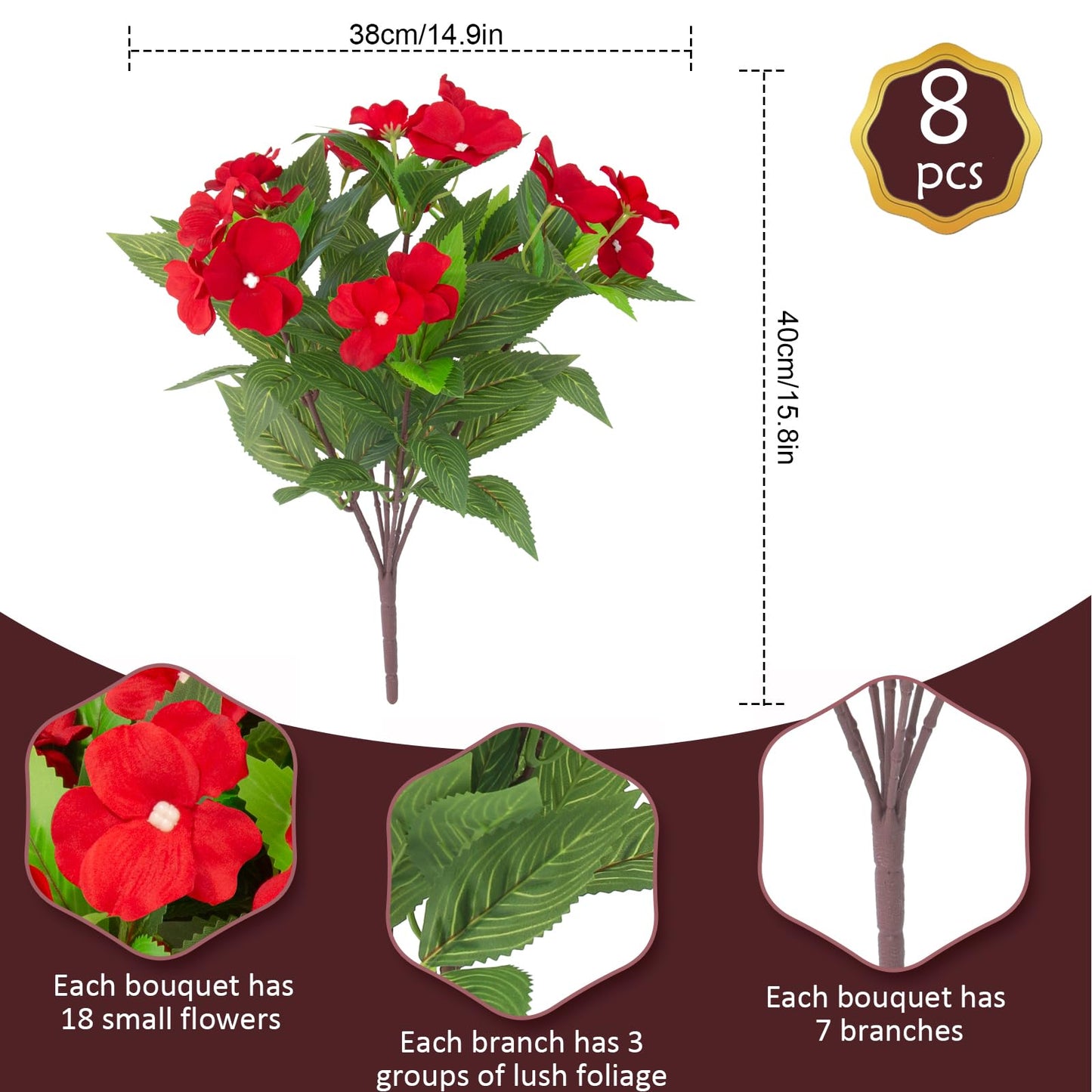 Daynight 8 Pcs Artificial Impatiens Flowers for Outdoor Flowers UV Resistant Faux Red Flowers Impatiens Bushes Silk Artificial Flowers Bouquet for Patio Garden Porch Decor. (8, Red)