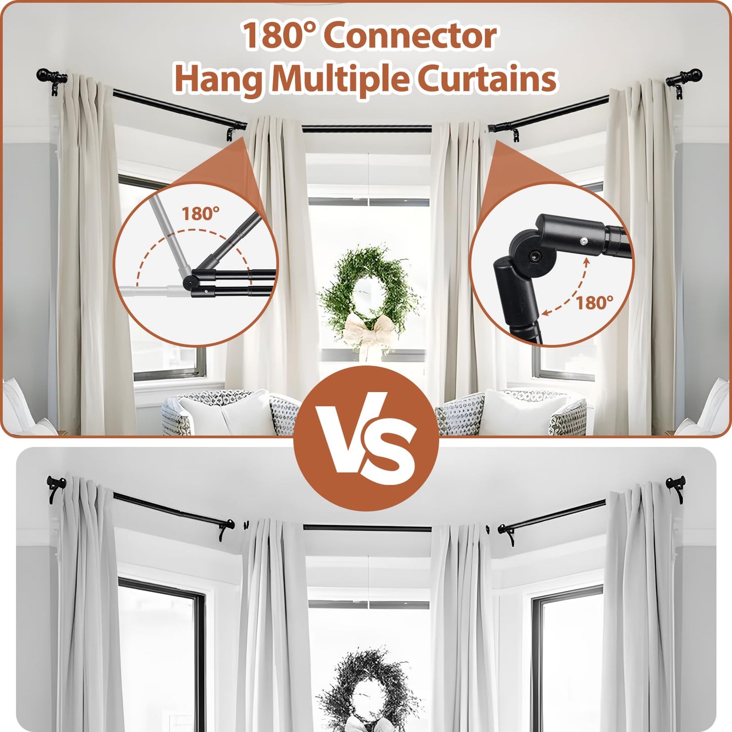 Bay Window Curtain Rods, 1 Inch Heavy Duty Metal U Shaped Corner Curtain Rod, 59-184” Adjustable Curved Curtain Rod for Bay Window Black