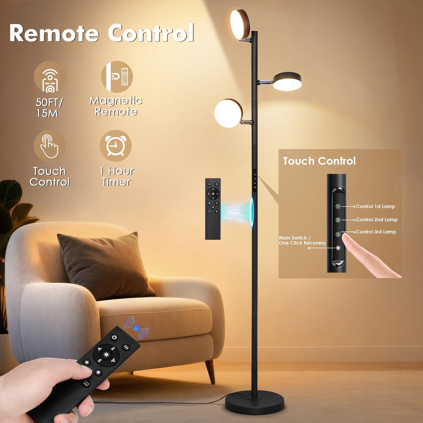 Benaep Tree Floor Lamp for Living Room - Modern Black Standing Lamp, LED Floor Light with Remote & Touch, 3000K-6000K Dimmable for Bedroom Office Reading (3 Head)