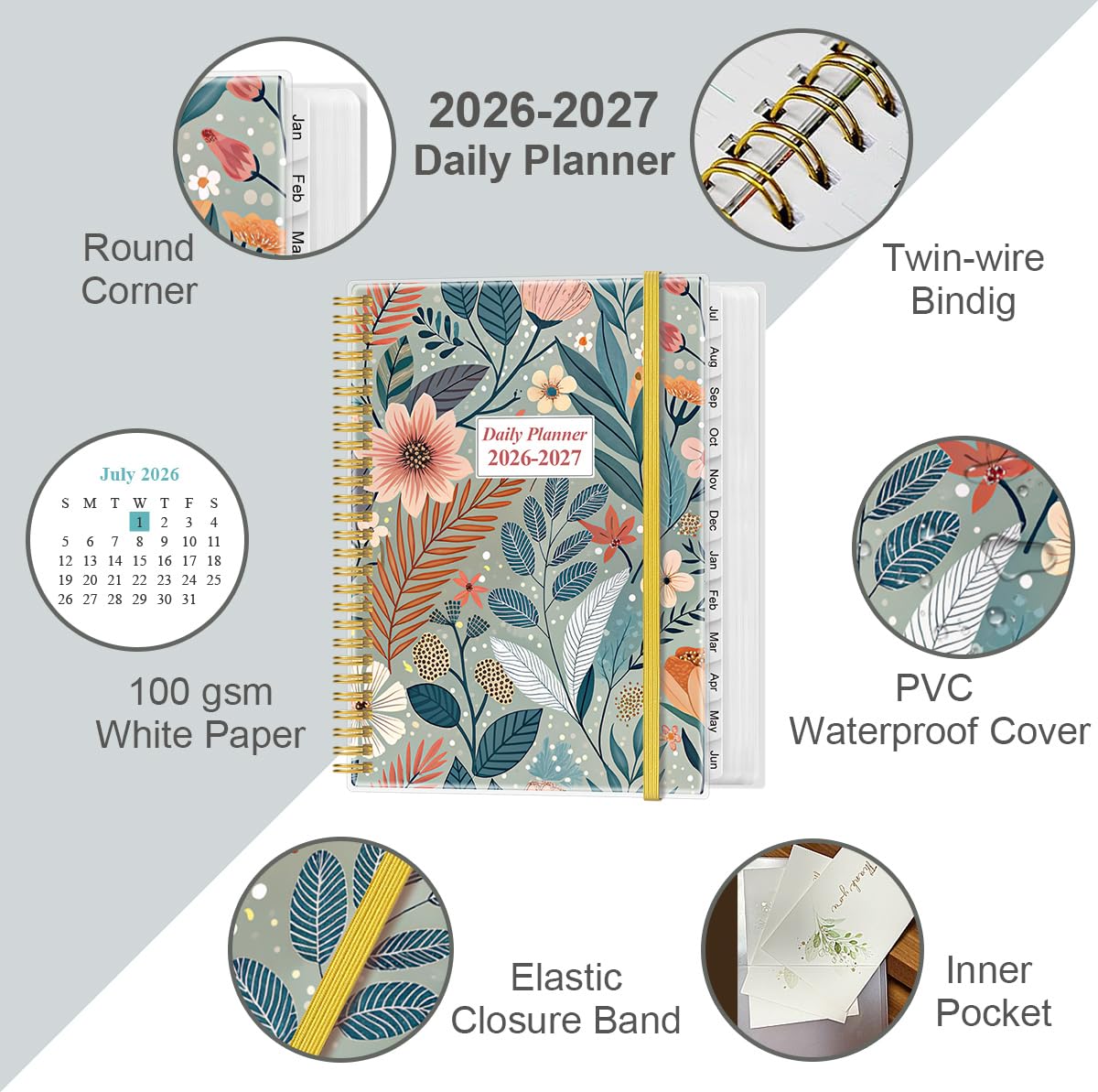 2026-2027 Daily & Monthly Planner - One Page Per Day, Daily Planner from July 2026 - June 2027, Planner 2026-2027 with 12 Monthly Tabs, 8.5" x 11", Flower-A