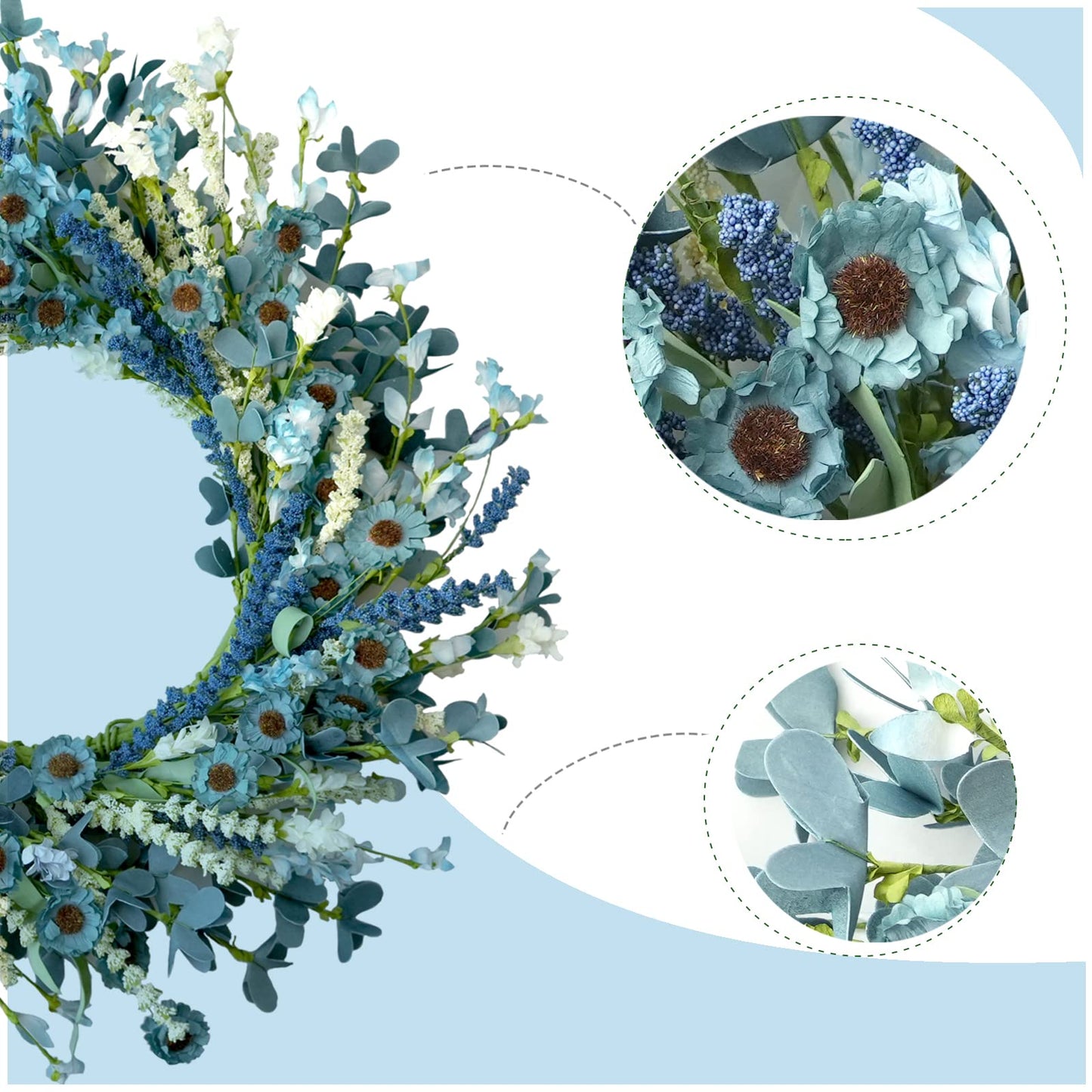 Bibelot 22 Inch Spring Wreath Blue with Green Leaves Wreaths Blue Daisy Artificial Grains White Flower Wreath for Front Door Wreaths, Summer Farmhouse Decor Indoor&Outdoor Wedding Wall Home