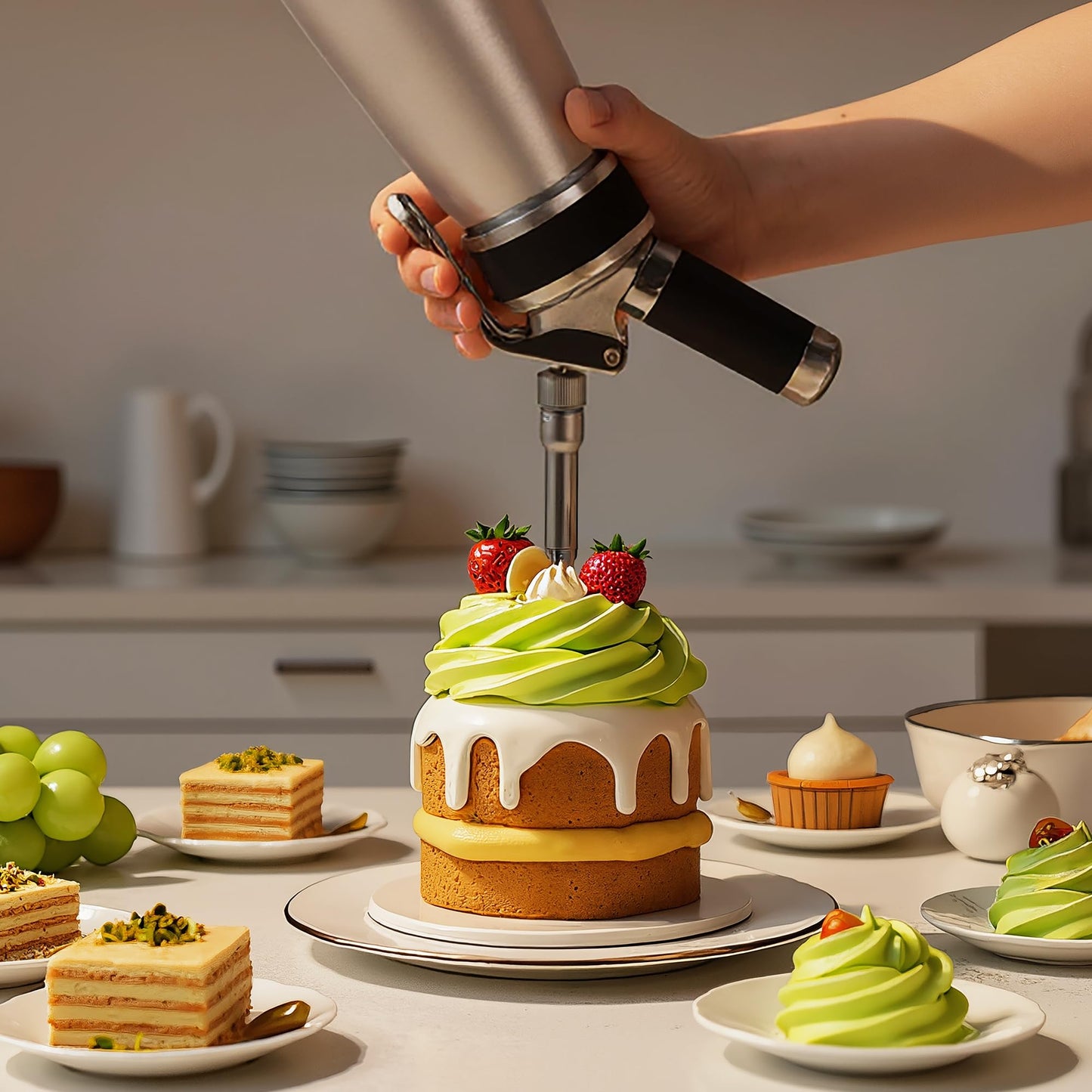 Professional Aluminum Whipped Cream Dispenser - 1000 mL/2 Pint,Leak-Free Whipped Cream Maker Canister with 8 Decorating Nozzles & Cleaning Brush - N2O Chargers (Not Included) (Silver, 1000ml)