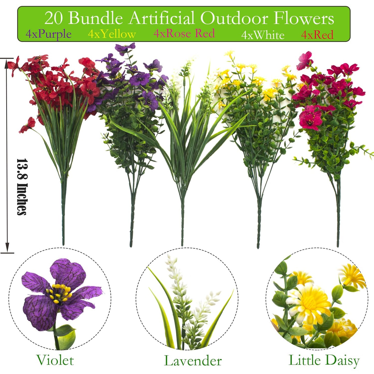 Grunyia 20 Bundles Artificial Flowers Outdoor No Fade UV Resistant Fake Plastic Flowers Faux Plants for Garden Patio Porch Window Box Home Wedding Farmhouse Hanging Décor
