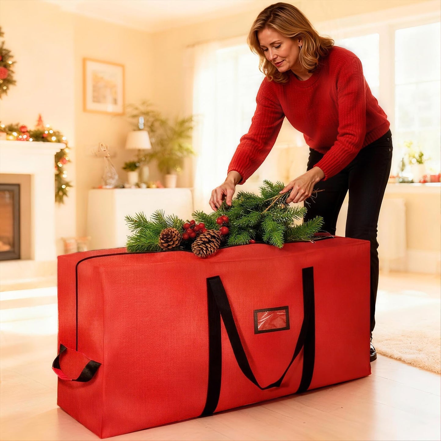 Christmas Tree Storage Bag, 9FT Large Christmas Tree Bag 600D with Reinforced Handles, Heavy Duty 9 Foot Tree Bags for Storage Waterproof Xmas Tree Box, Dual Zippers, Wide Opening, Red