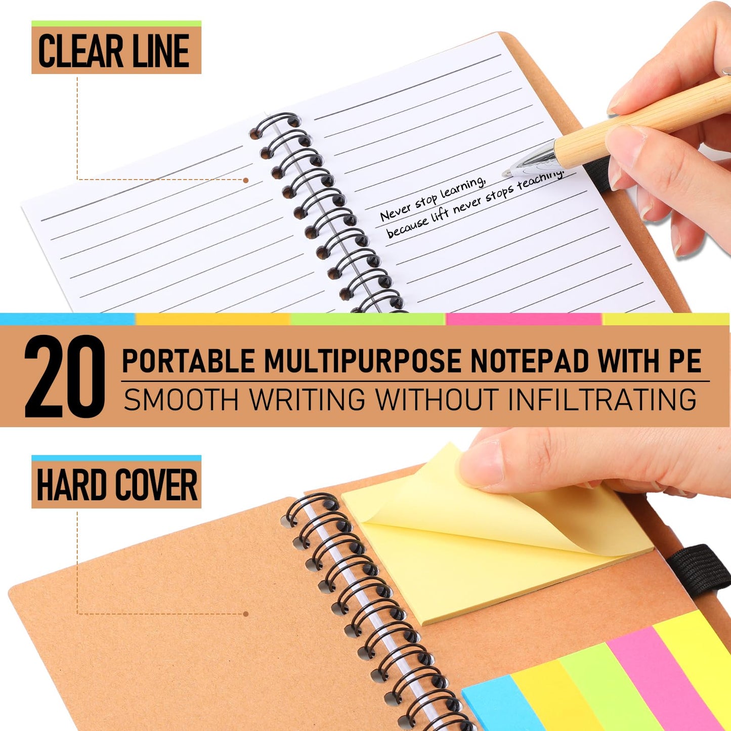 Chuangdi 20 Sets End of Year Teacher Gifts Bulk Inspirational Spiral Notebook with Sticky Note Motivational Pen Appreciation Gifts for Employee Team Staff Coworker (Classic,Kraft)