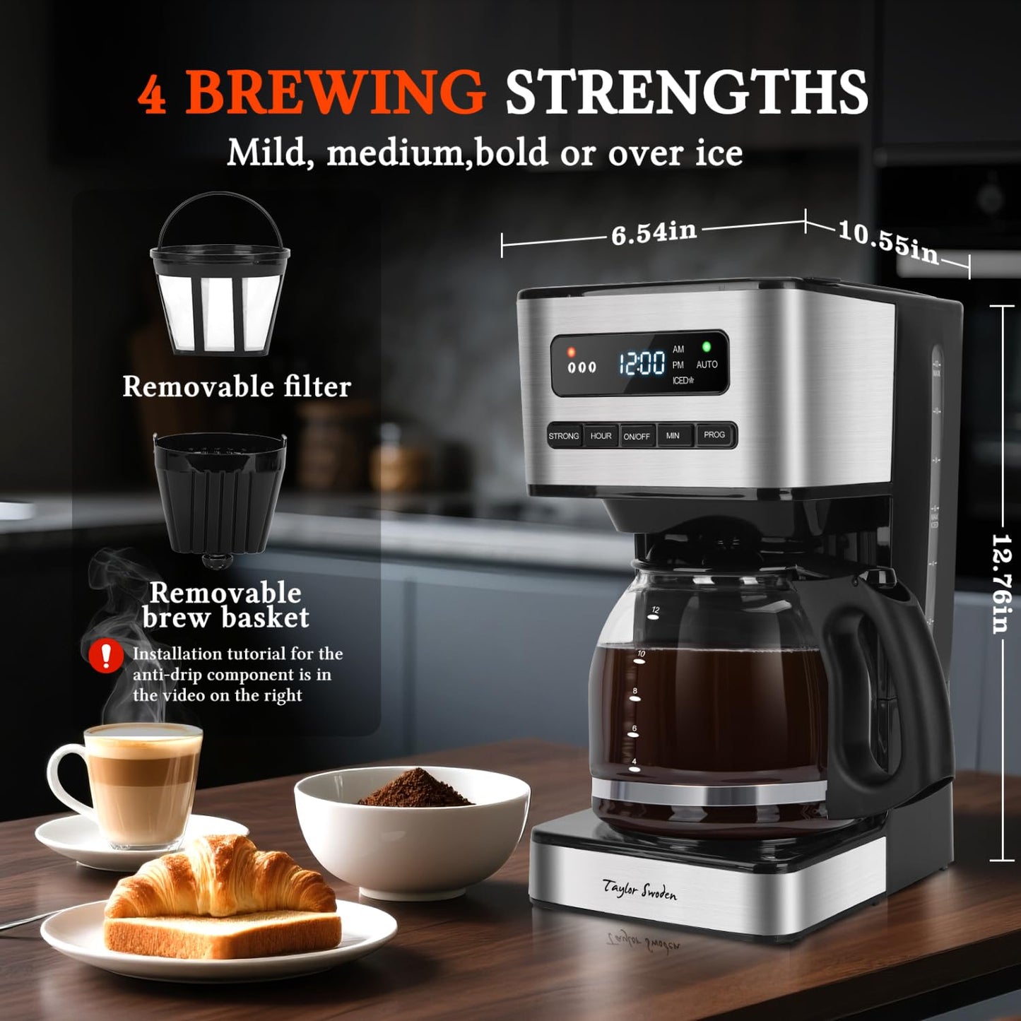 Taylor Swoden Programmable Coffee Makers 12 Cup, Hot and Iced Coffee Maker, 4 Brew Strength, LED Display, 24H Timer, Keep Warm&Auto Shutoff- Drip Coffee Machine for Home/Office, Black &Stainless Steel