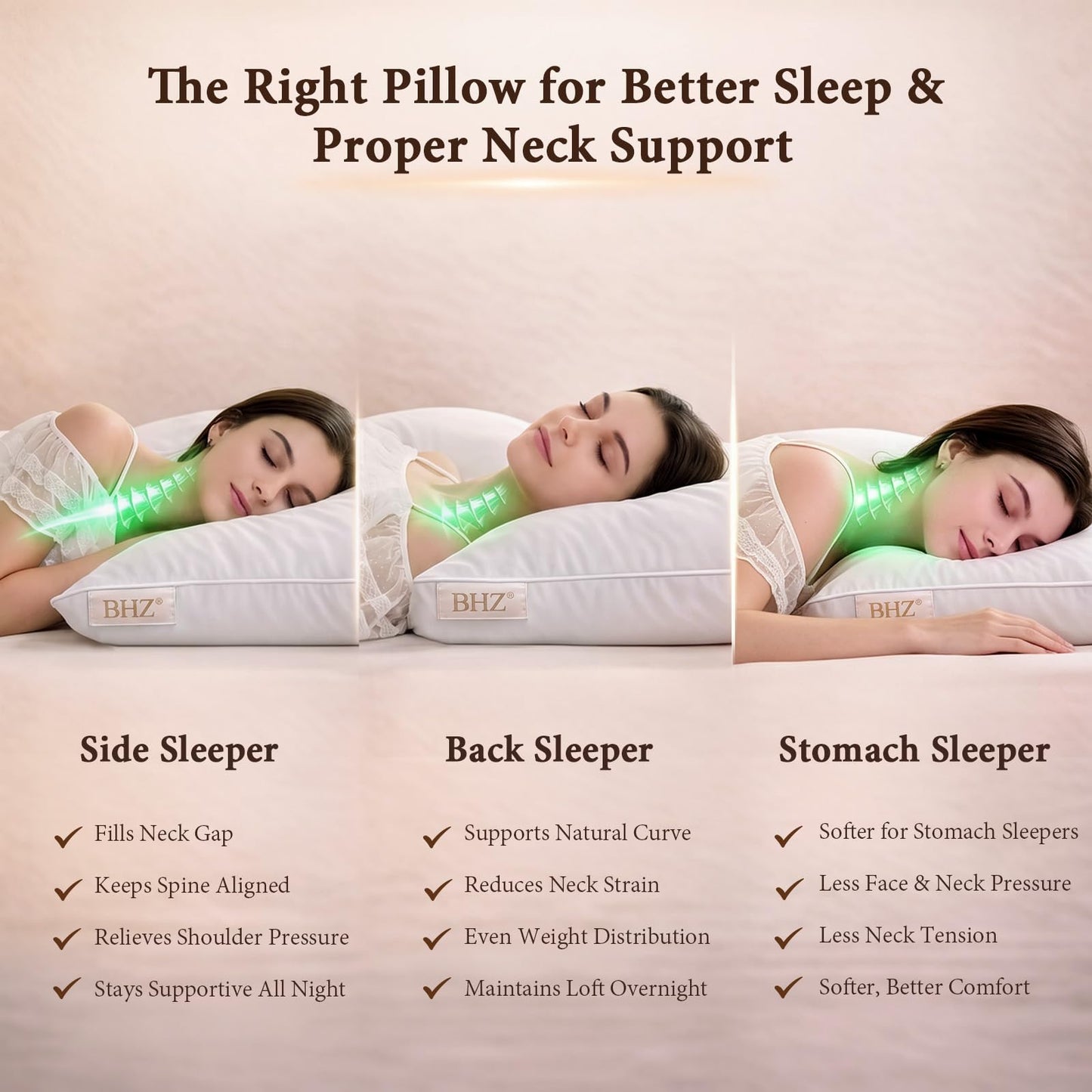 BHZ Goose Down Feather Pillows Queen Size - Hotel Collection Bed Pillows for Sleeping Medium Firm Soft Support Pillow for Side and Back Sleepers with Breathable Cover