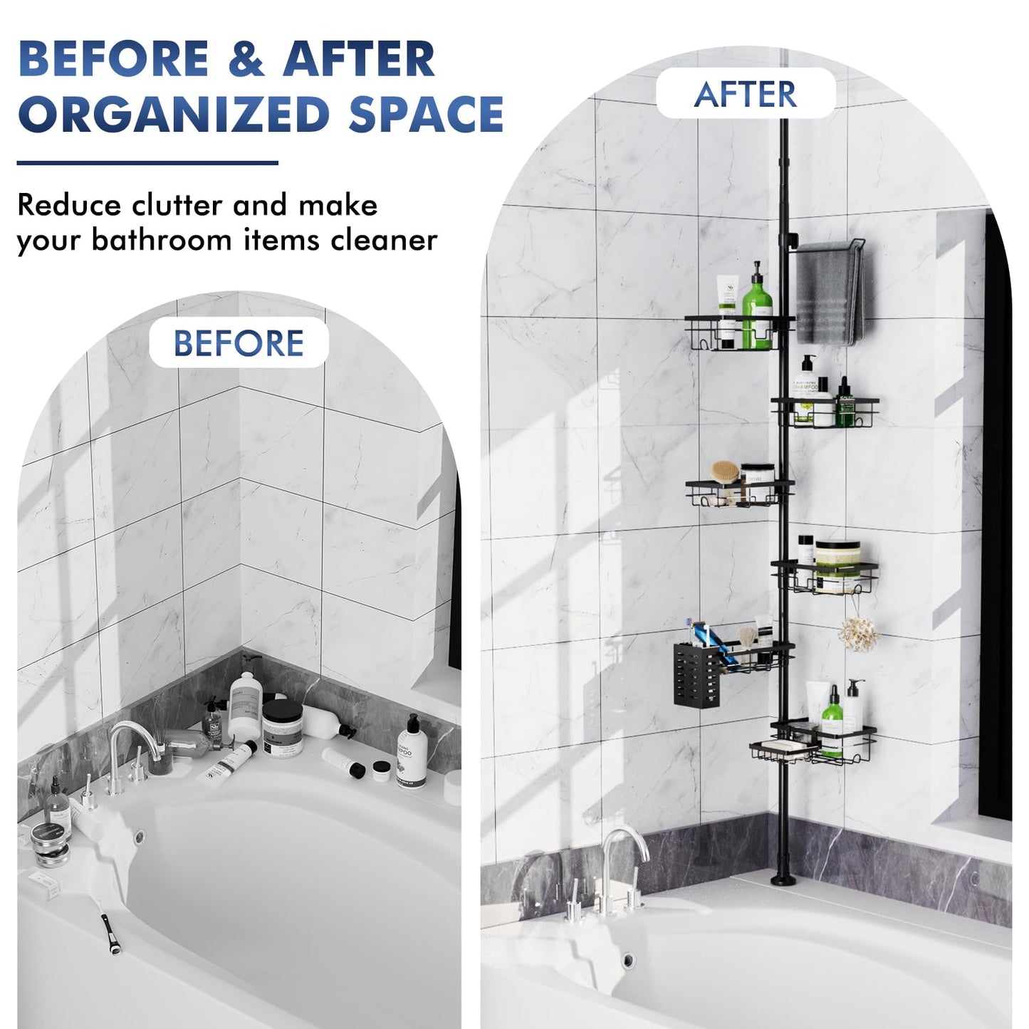 Shower Caddy Organizer Tension Pole, Rustproof 6-Pack Corner Shelf with 30-120 Inch Adjustable Shower Rack for Inside Shower, Extra Towel Bar & Soap Dish for Bathroom Organizers and Storage, Black