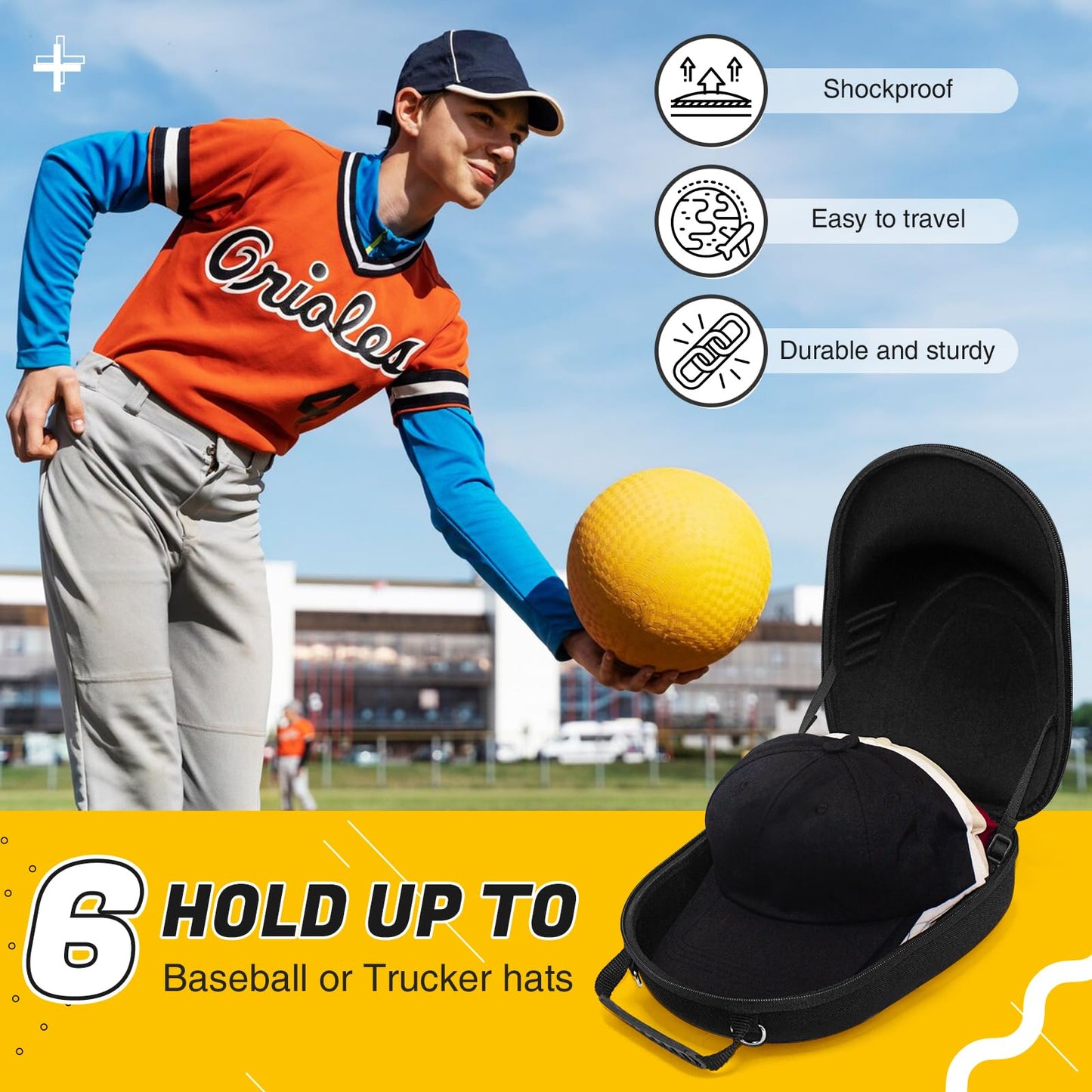 HZJYW Hat Travel Case,Hat Case for Baseball Caps with Carrying Handle and Adjustable Shoulder Strap,Organizer Protects up to 6 Hats, Box for Travel and Home Storage(Black)