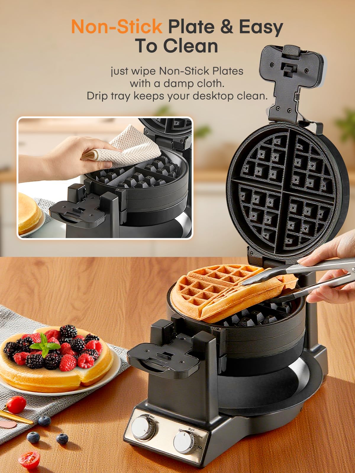 FOHERE 2-in-1 Omelette Maker&Waffle Maker, 1400W Omelet Maker 180° Flip, Adjustable Browning Control, Non-Removable & Nonstick Pans, Make Two Omelet and One Waffle at Once for Home (Dark Black)