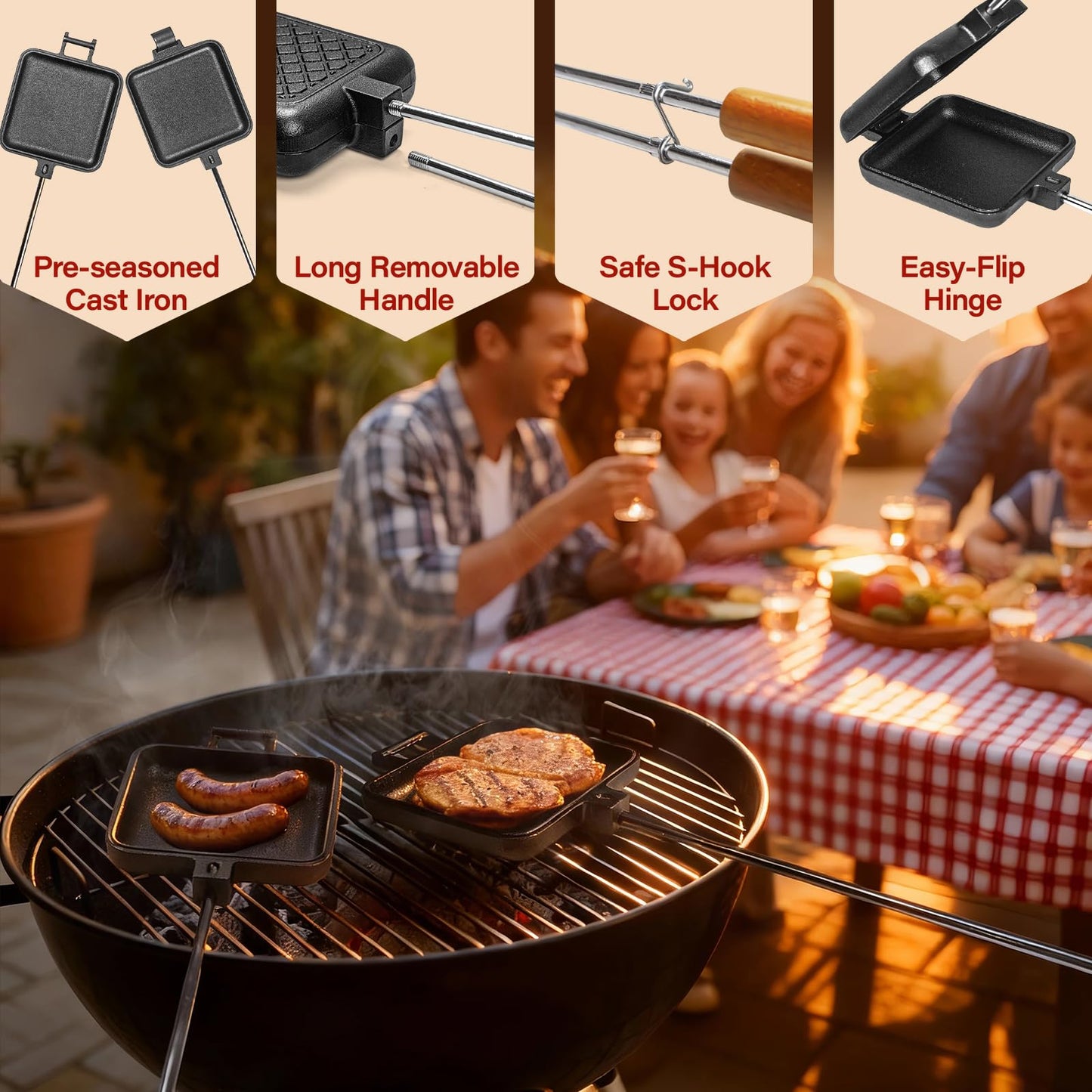 CASTIVO Mountain Pie Maker Cast Iron, Campfire Pie Iron, Hobo Pie Maker for Camping, 2-Pack