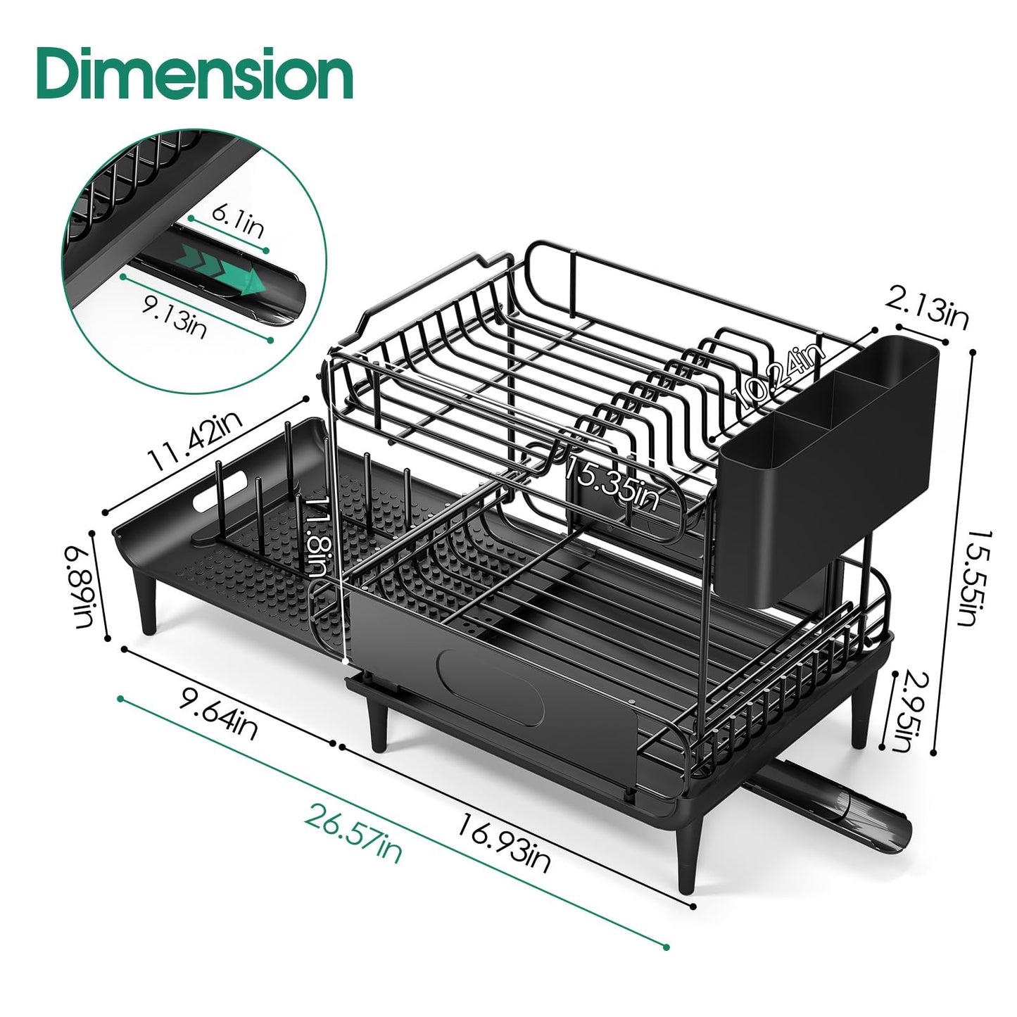 Urackify Dish Drying Rack for Kitchen Counter, Expandable 2 Tier Dish Rack, Large Capacity Dish Drainer with Drainboard Multifunctional Dish Strainer with Removable Cutlery Holder Black