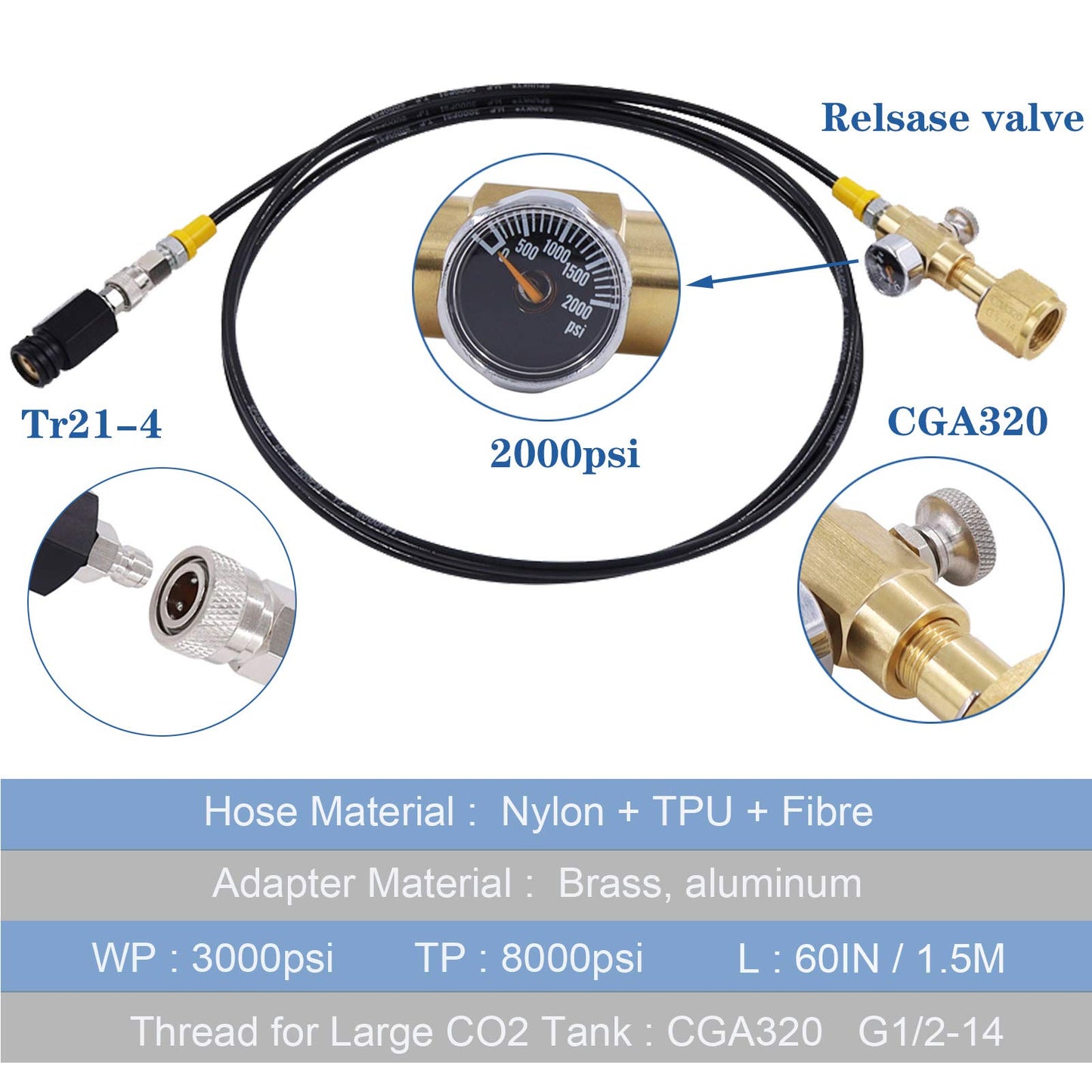 Co2 Tank Cylinder Direct Adapter (Gauge and Bleed Valve), CGA320 to TR21-4 Soda Machine Adapter with 60in High-Pressure Hose, Compatible for Soda Maker, Adapte to fizze/one touch/jet
