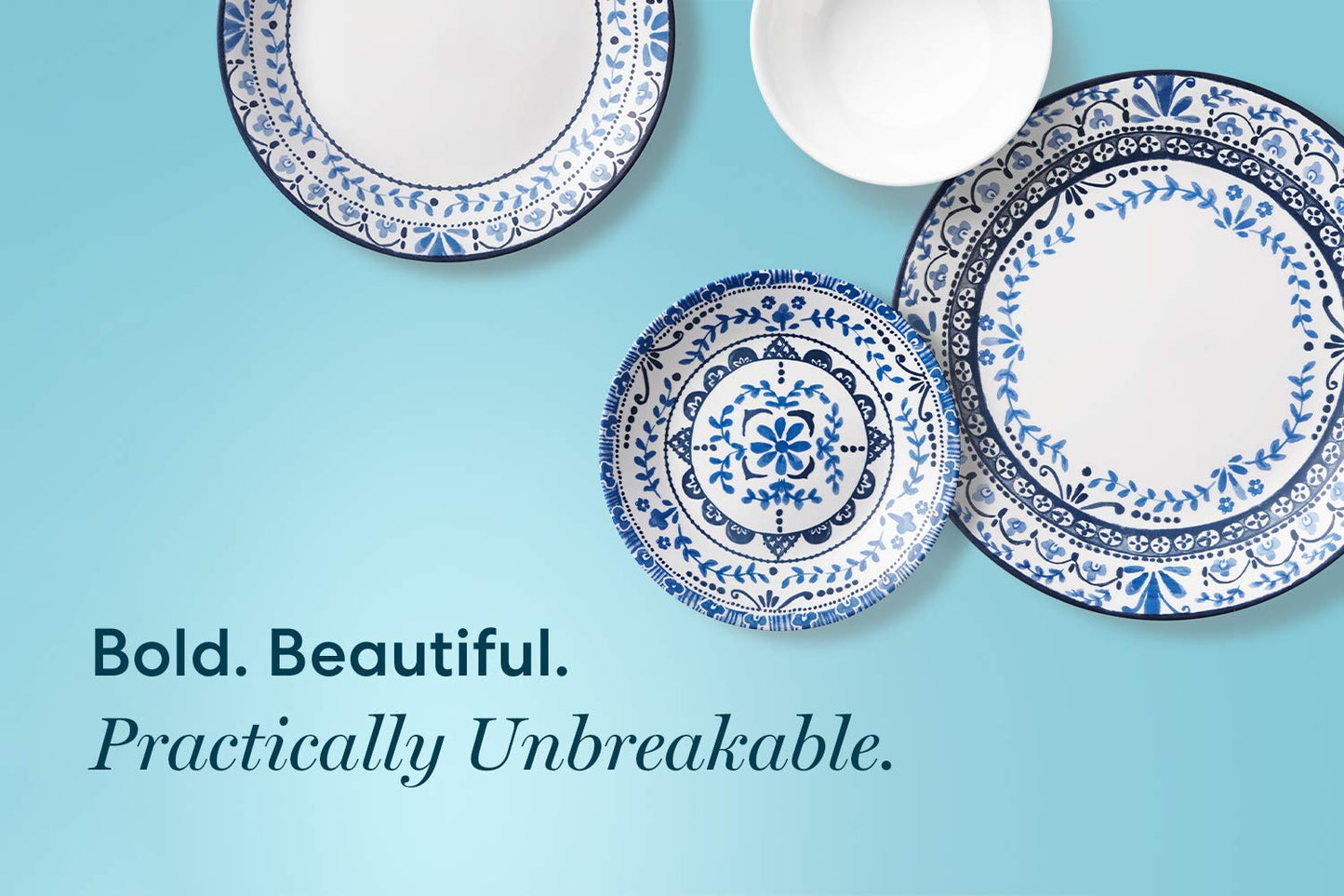 Corelle Vitrelle Salad Plates Set Triple Layer Glass and Chip Resistant, 9-Inch Lightweight Round Plates, Portofino, Caspian, 6-Piece