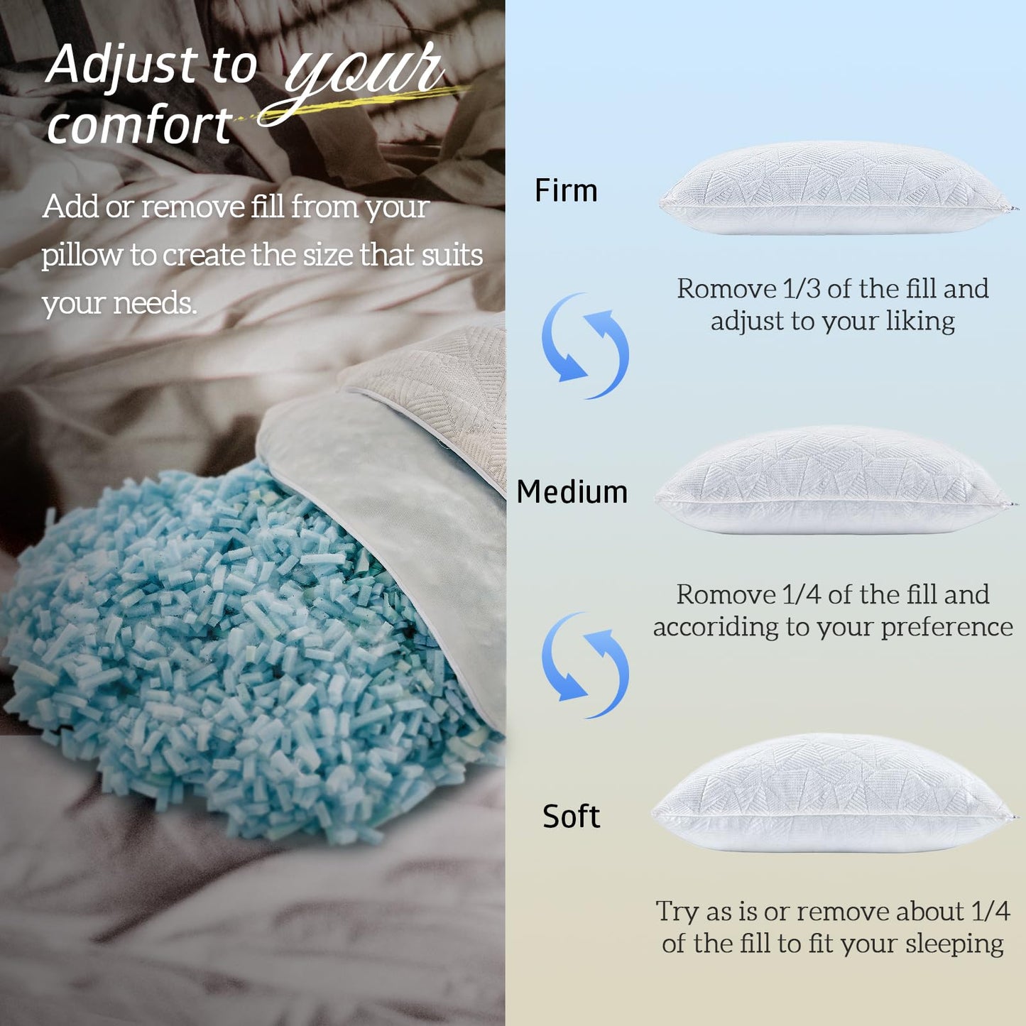 BETU Cooling Pillows Queen Size Set of 2, Shredded Memory Foam Pillows Cool for Hot Sleepers, Adjustable Firm Soft Support Bed Pillows Perfect for Back Neck Pain and Side Sleeping with Cover, White