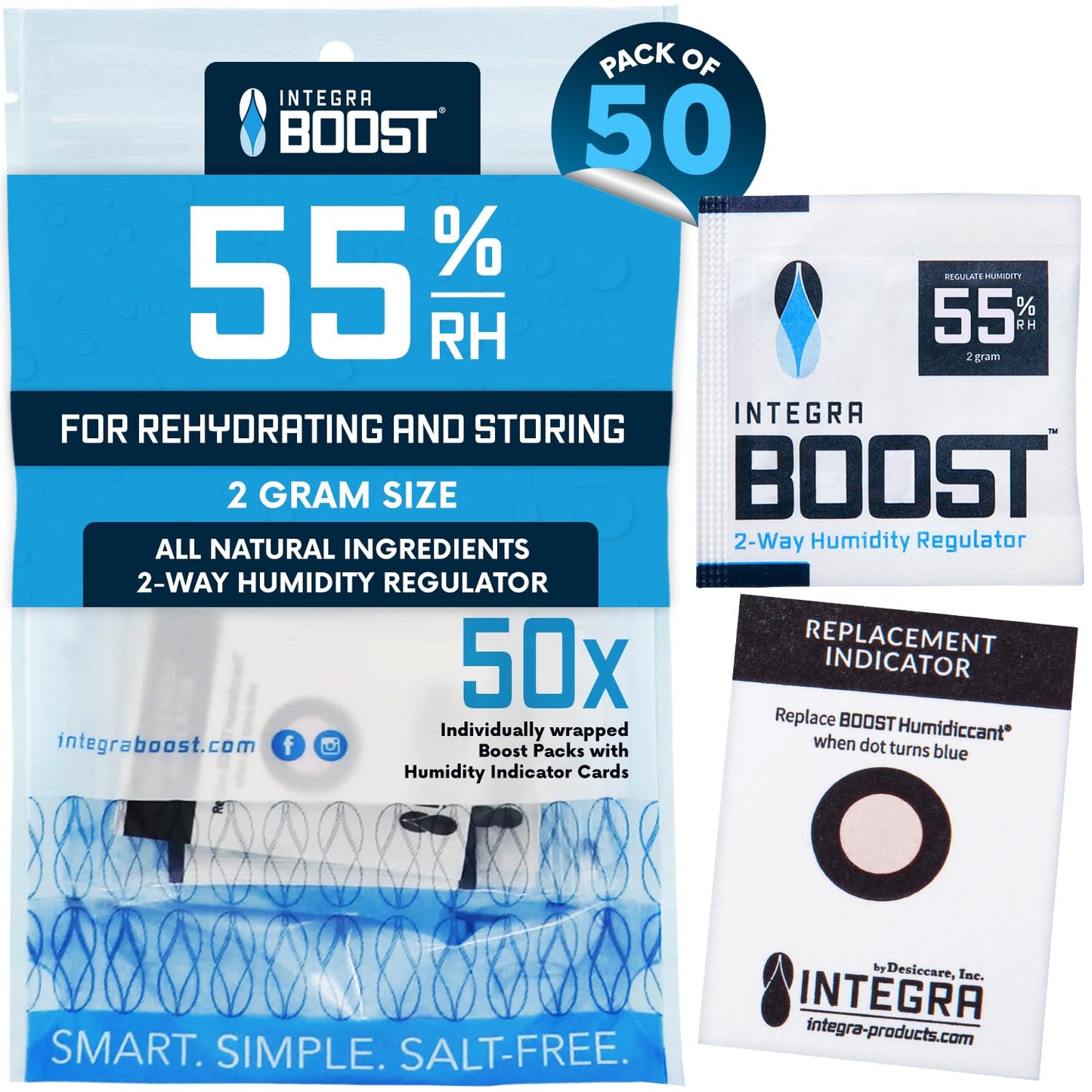 Integra Boost 2-Way Humidity Control Pack - Preserve Flavor & Control Humidity at 55% RH - Moisture Absorber for Herbs, Spices & More - 2 Gram (Pack of 50)