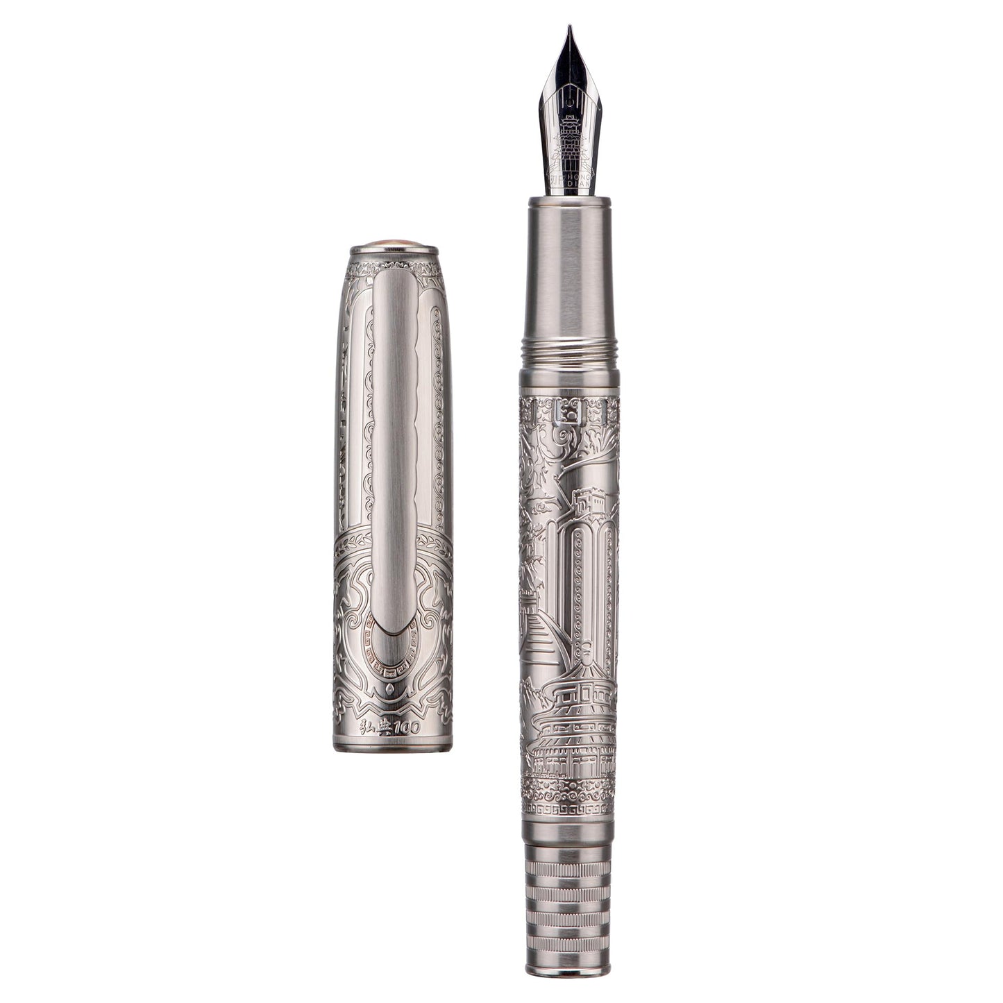 Hongdian 100 Silver Steel Piston Fountain Pen, Iridium Long Blade Fine Nib Calligraphy, Smooth Writing Pens, Nice Writing Pen for Men & Women