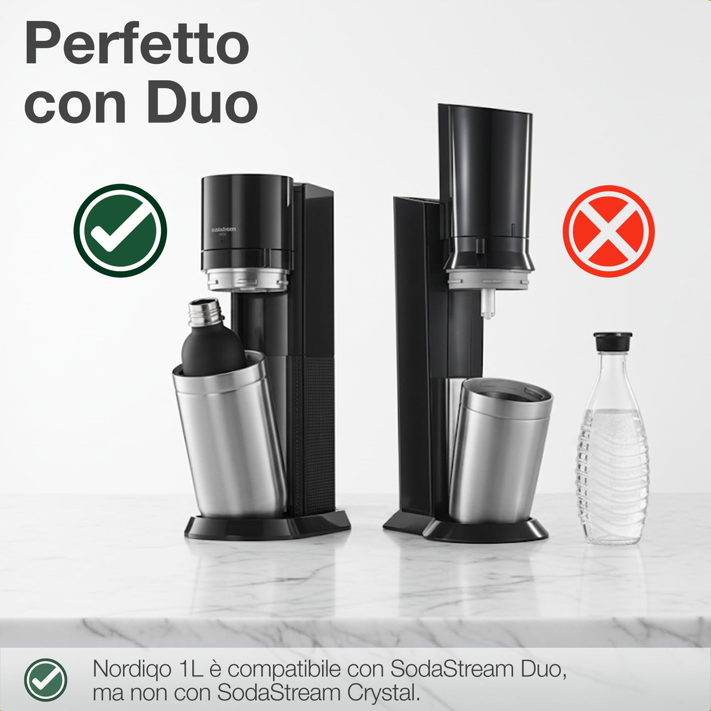 Nordiqo Stainless Steel Carbonating Bottle 33 oz | Compatible with Aarke Carbonator 3, SodaStream Duo & Plastic Bottles | Not for models Aqua Fizz & Jet | No Expiry | Plastic-Free