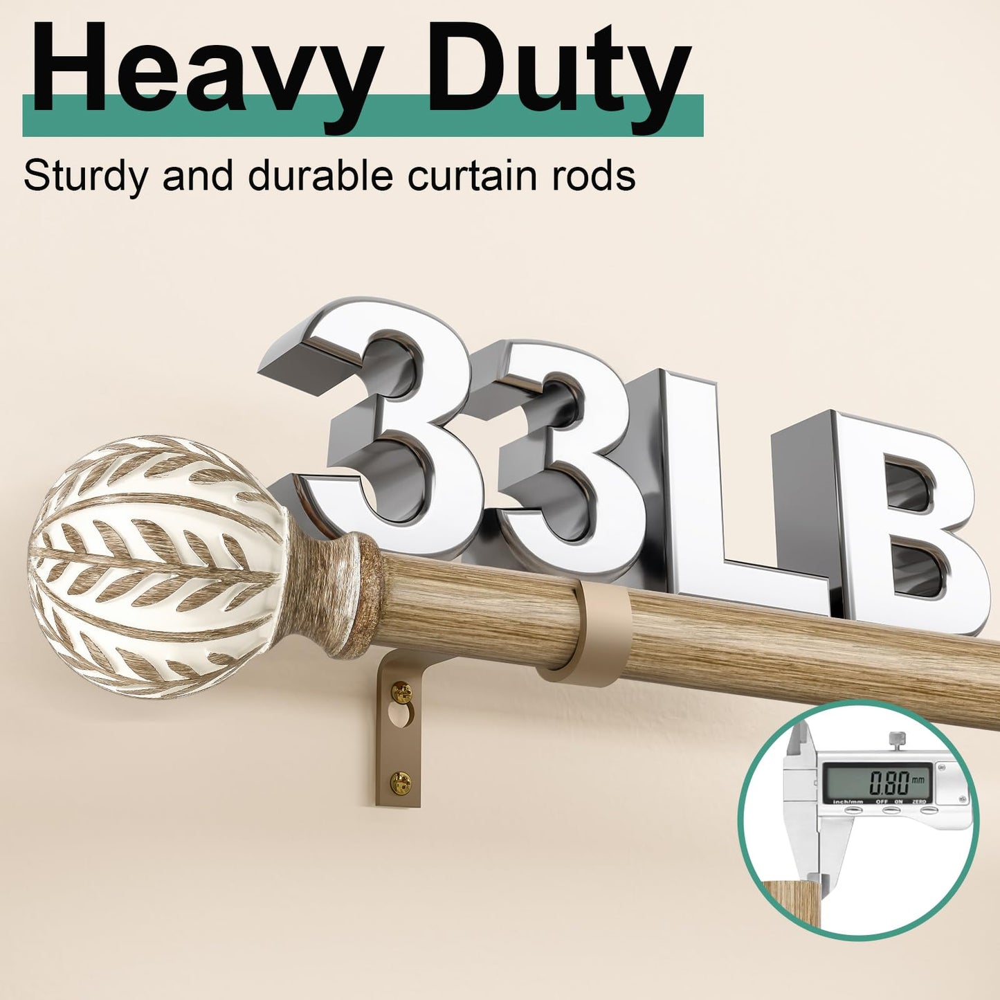 QDWIS 2 Pack Boho Wood Curtain Rods for Windows 28 to 48 inch,1" Adjustable Heavy Duty Window Curtain Rod with Imitation Wood Grain Finials,Rustic Decorative Drapery Rods Set 18-60'',Weathered Wood