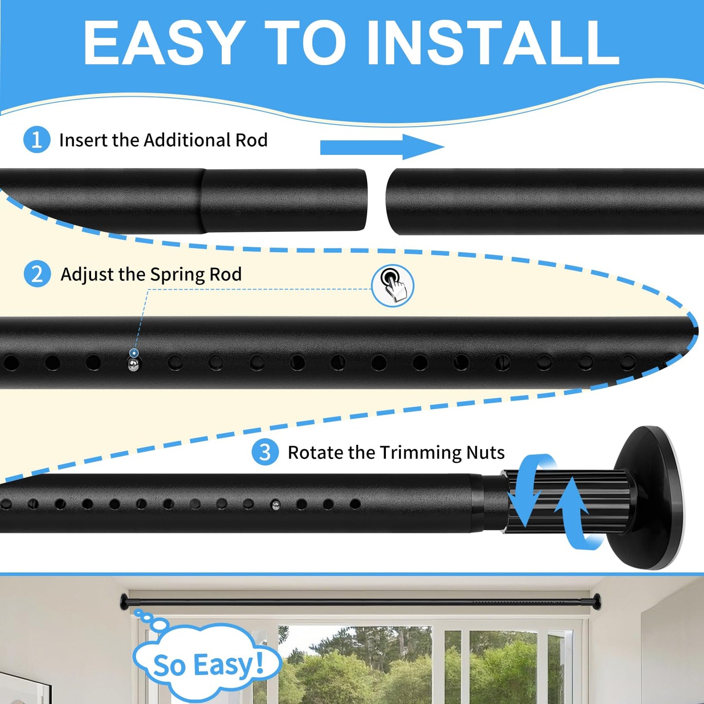 Tension Curtain Rod 51-126 Inch, Long Curtain Rod No Drilling for Window or Bathroom, Outdoor Curtain Rods for Patio Tension Rods, Easy to Install, Never Rust, Rod Diameter 1.26 Inches - Black