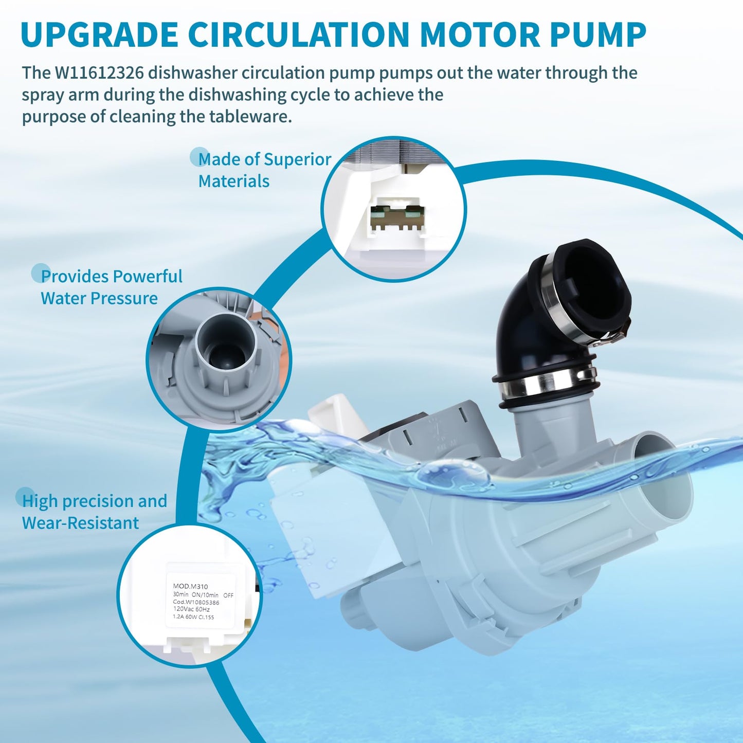 W11612326, W10805386 Dishwasher Circulation Pump Compatible with whirlpool, kenmore, amana: WDF330PAHB4 WDF330PAHS3 WDF330PAHS5 etc. Replace Dishwasher Pump W10879262, W11521435, AP7193729 etc