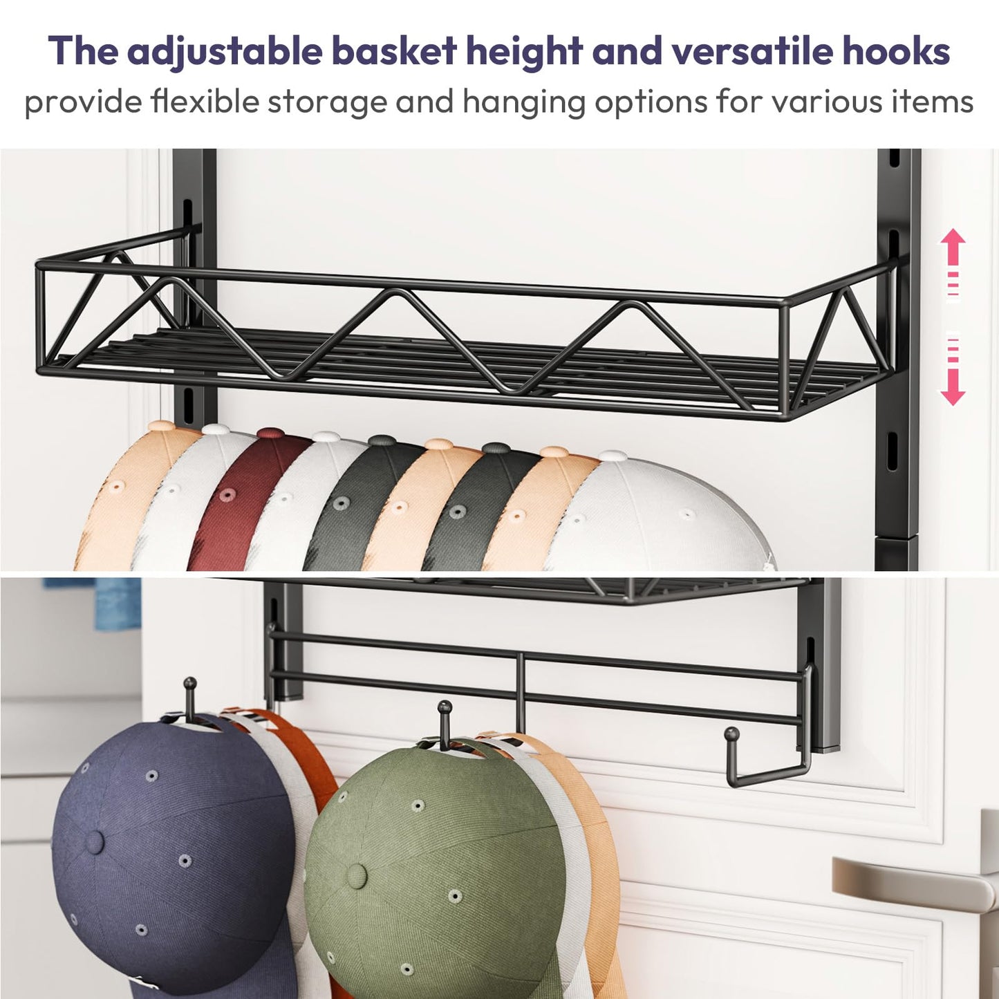 SWTYMIKI Over Door Hat Organizer - 3 Tier Wall Mounted Hat Rack with 2 Adjustable Metal Basket and 3 Hooks, Hanging Baseball Cap Organizer Storage Holds up to 29 Caps for Door, Bedroom, Closet