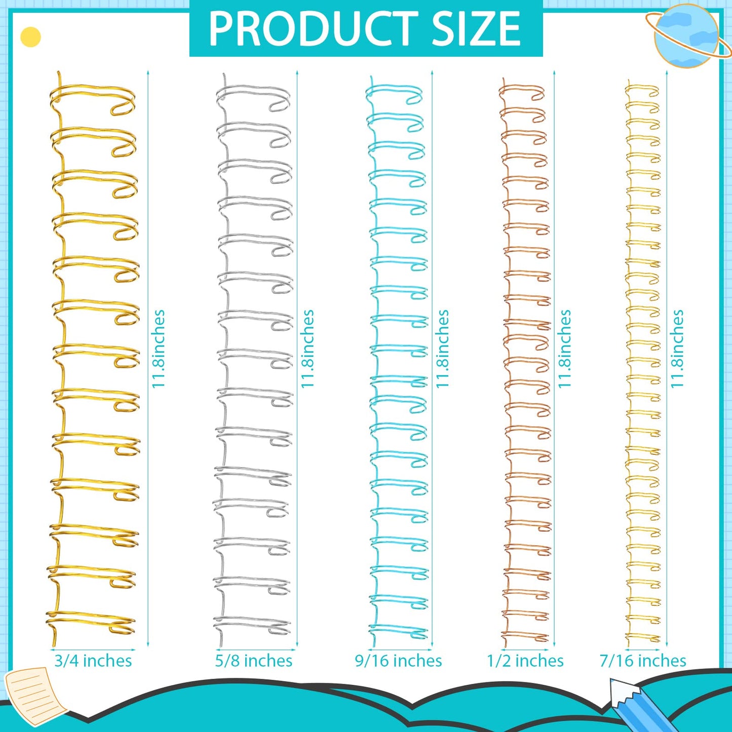 Jeyiour 120 Pcs Twin Loop Cinch Wire Binding Spines Double Loop Wire Binding Rings Combs 7/16 1/2 9/16 5/8 3/4 Diameter Spiral Binding Coils for Teacher Student Notebook Making, 4 Colors