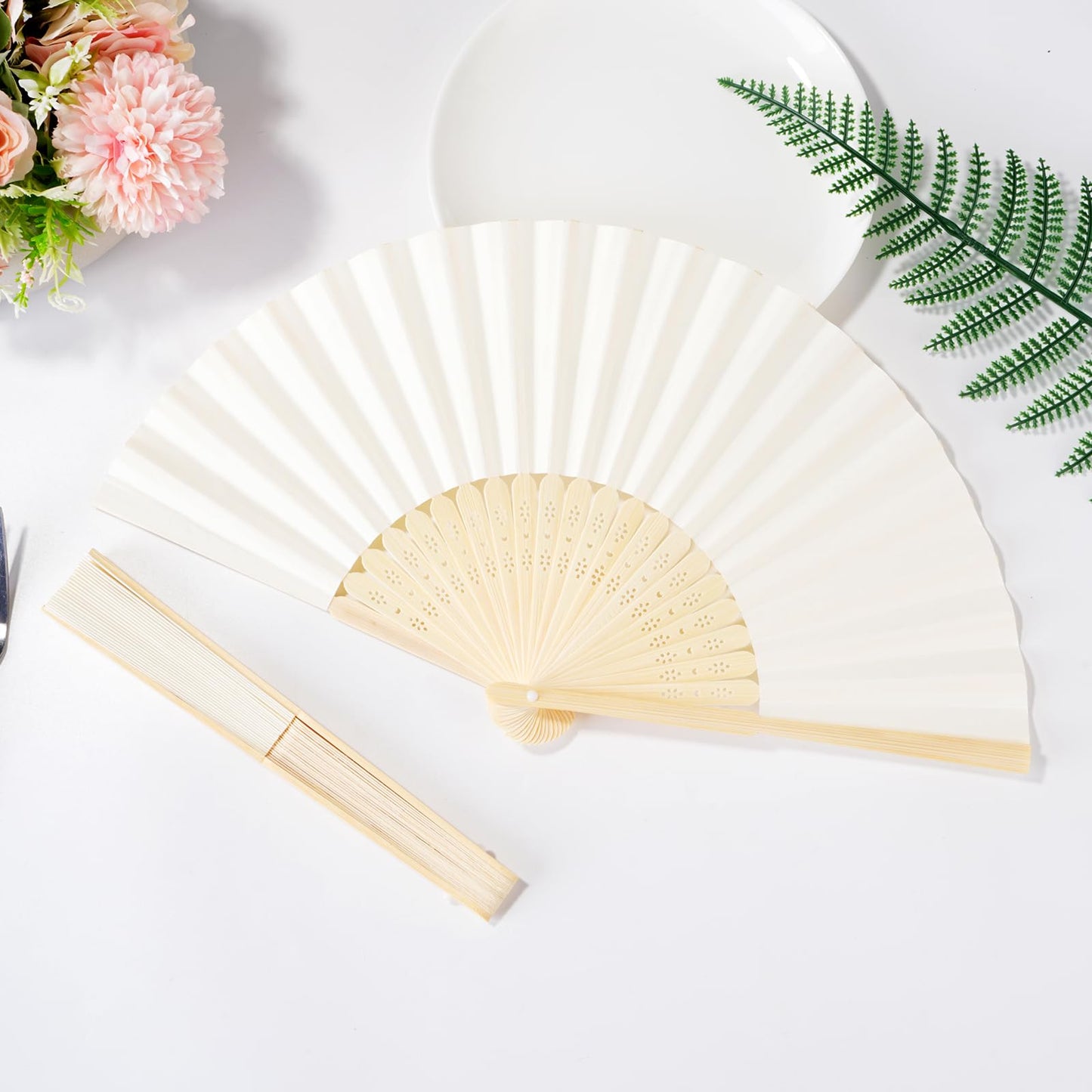 Sepwedd 50pcs Cream-Coloured Paper Hand Fan Bamboo Folding, Handheld Paper Fan for Wedding Party and Home Decoration