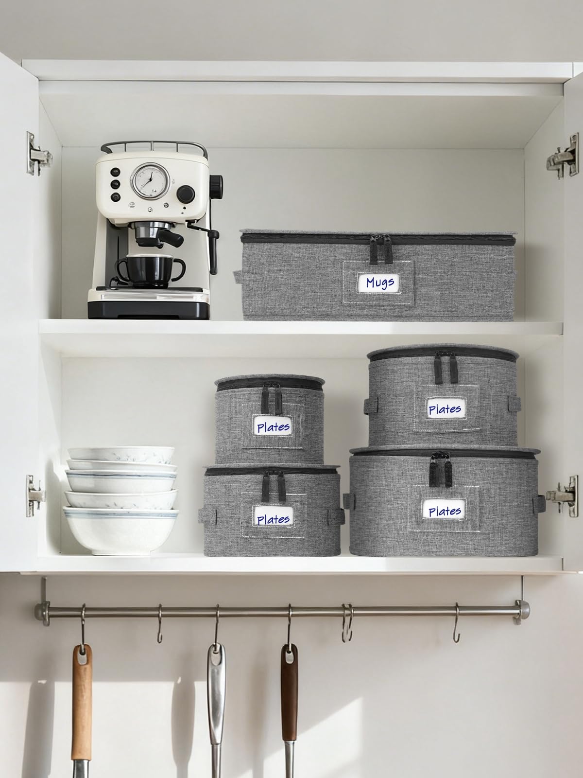 punemi China Storage Containers 5-Piece Set w/Hard Shell Sides & Bottom, Quilted Stackable Plate & Dish Storage Protectors, Adjustable Mug and Cup Storage Organizer for Moving and Dinnerware storage