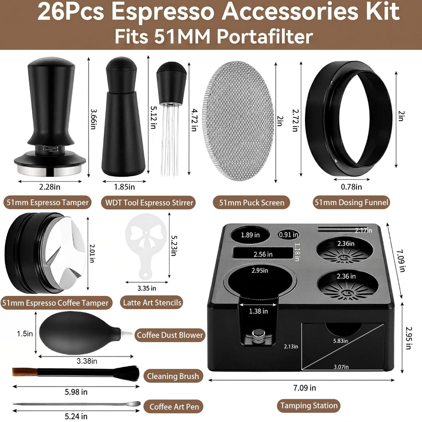 51mm Espresso Accessories Kit – 26PCS Tamping Station, Tamper, WDT Tool, Distributor, Dosing Funnel, Puck Screen, Air Duster, Stirrer, Stencils, Brush & Latte Art Pen